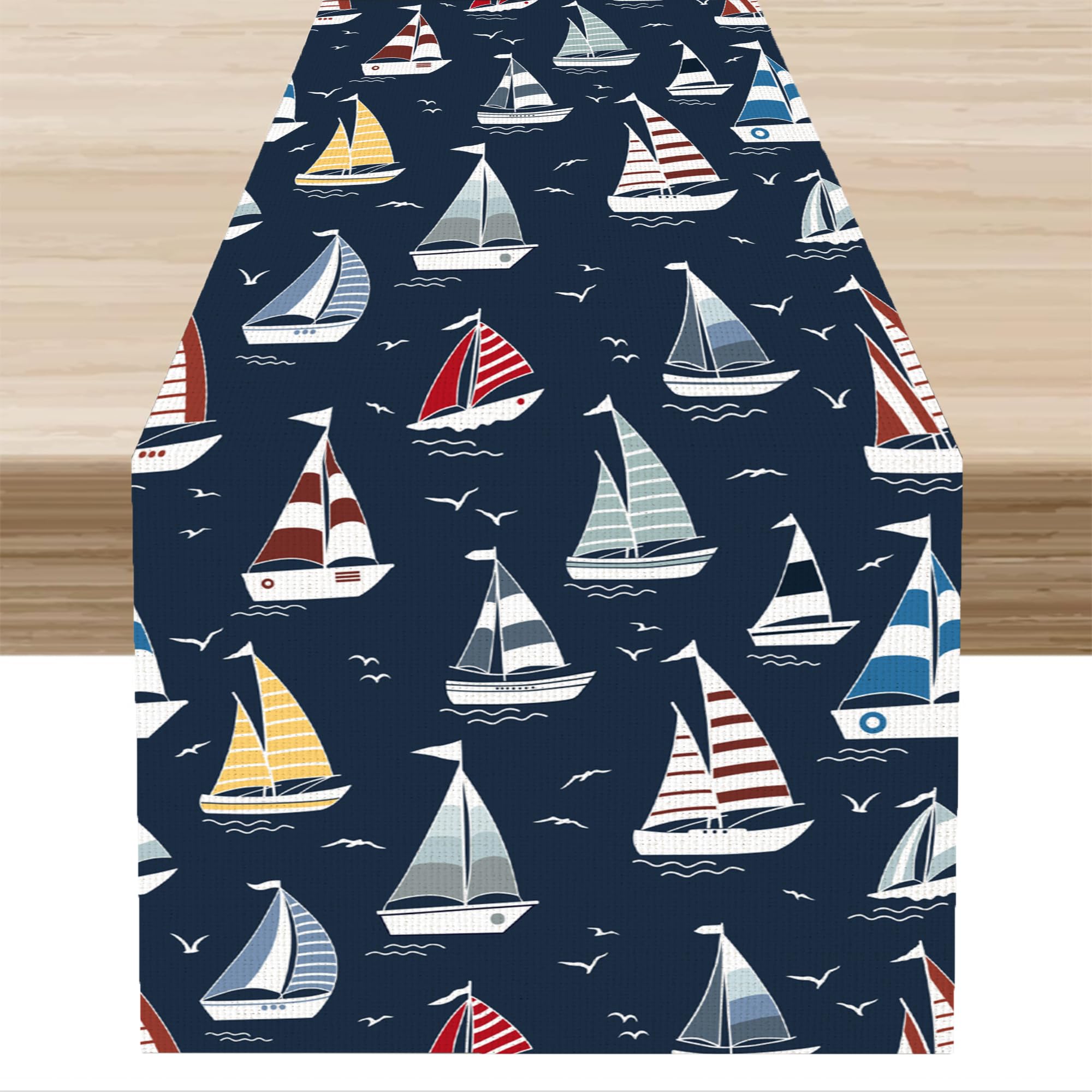 DKMQQUL Nautical Table Runner, Coastal Sailboat Sailing Ship Boat Ocean Beach Navy Blue Table Runner for Farmhouse Kitchen Dinning Home Party Holiday Decoration, 13x36 Inch