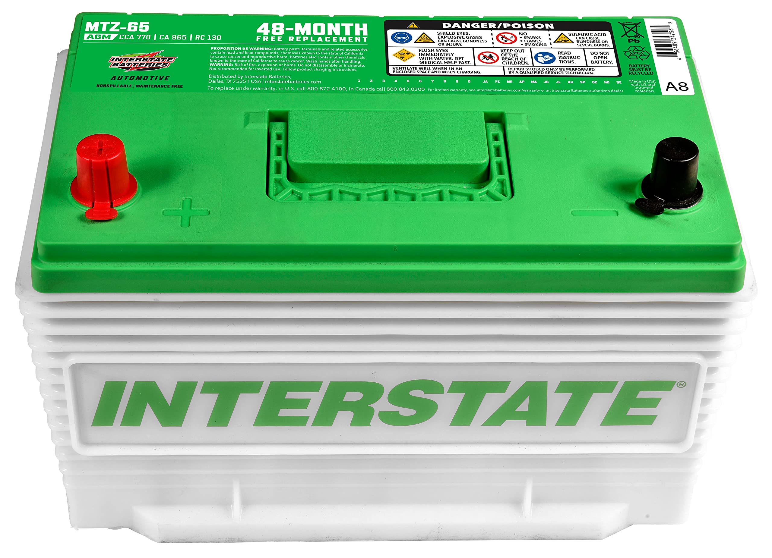 Interstate Batteries Automotive Battery 12V 65Ah 770CCA (MTZ-65) Automobile SLI AGM Starting Replacement Battery (Group Size 65) Cars, SUVs, Sedans, Trucks