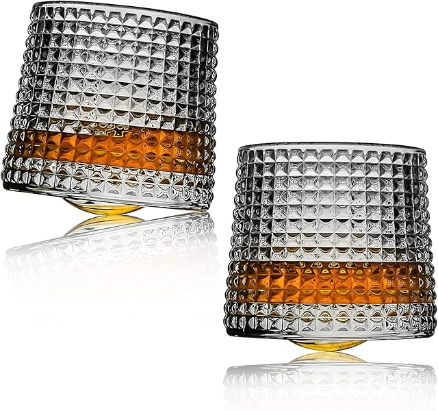 Minkabo Whiskey Glasses Rotatable Decompression - Old Fashioned Set of 2 Bar Style Glassware for Bourbon Scotch Rum (Checkered) (5 oz) (Minkabo-37)