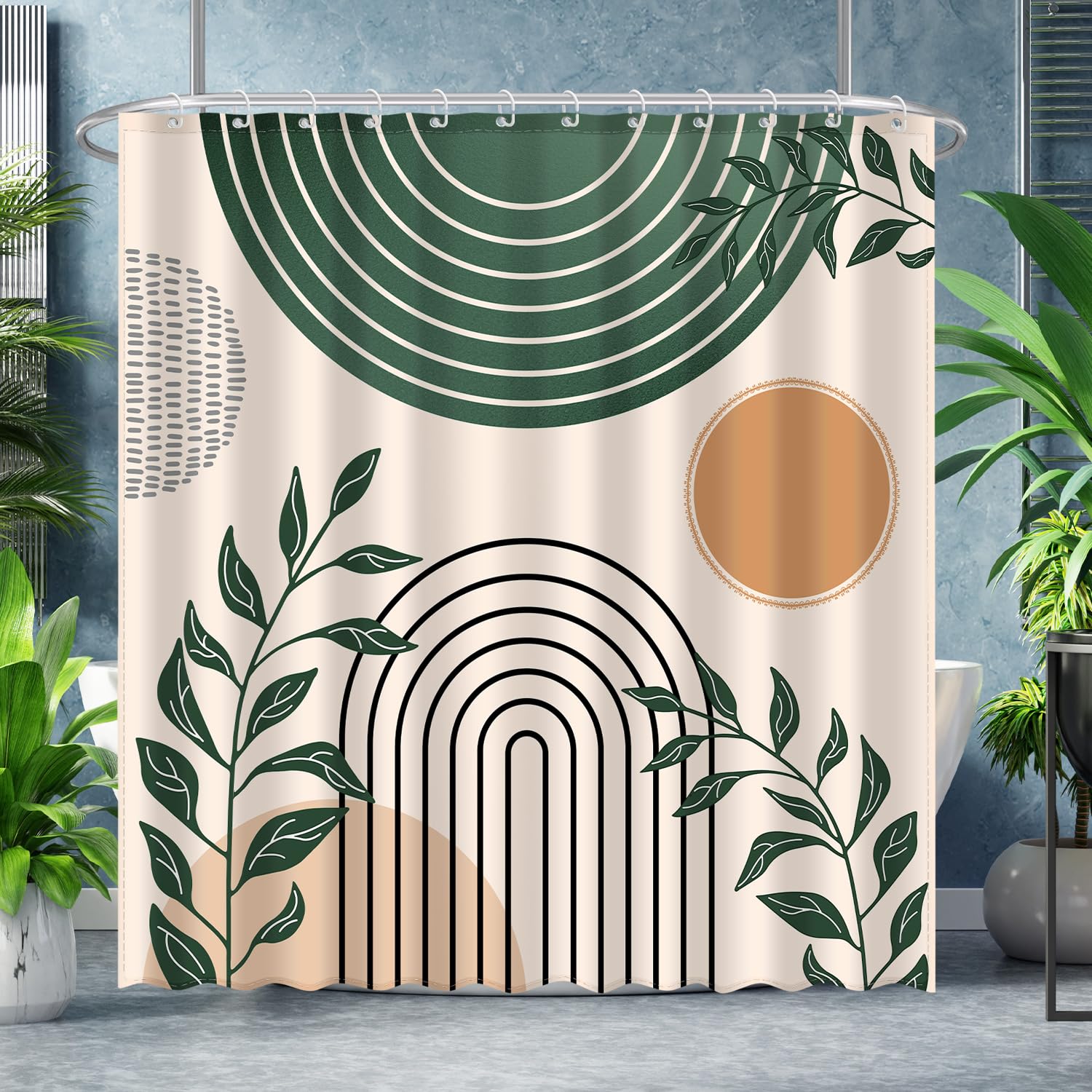 Boho Mid Century Shower Curtain, Bohemian Modern Abstract Minimalist Aesthetic Bathroom Decor Tropical Botanical Leaves Waterproof Fabric Cloth Bath