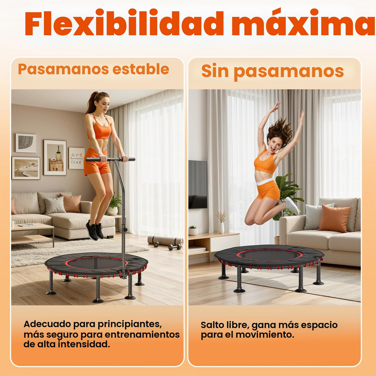 LIFERUN Trampolín de Fitness para Interior | Cubierta Protectora Acolchada | hasta 150 kg de Capacidad Carga | 3 Alturas Asa Ajustables | Sin Instalación | Niños Adultos | Mini Ø102 cm | Hogar