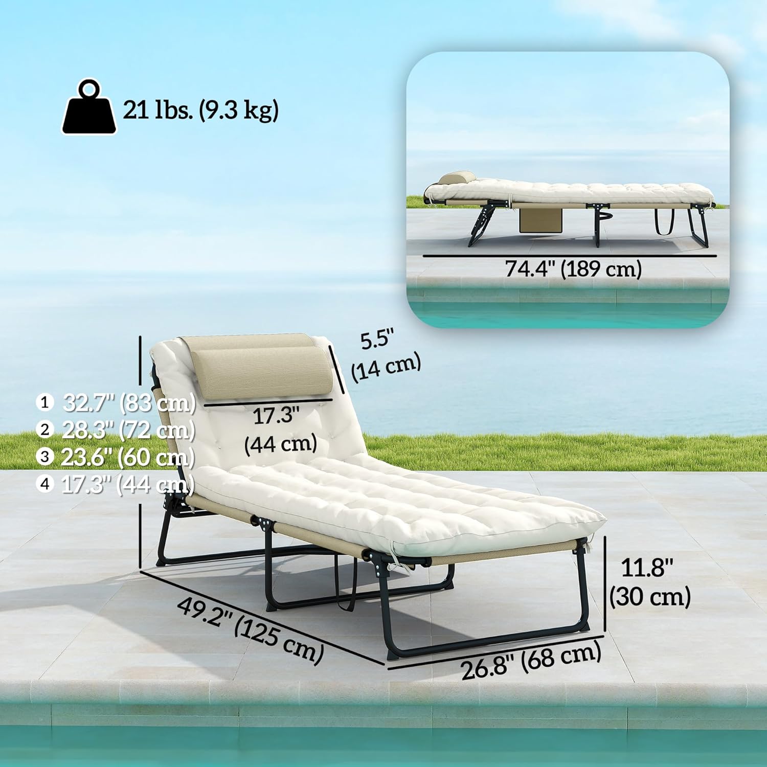Outsunny Folding Lounge Chair with 4-Level Reclining Back, Outdoor Tanning Chair with Cushion, Sun Lounger with Breathable Mesh Fabric, Side Pocket, Headrest, Beige - Image 7