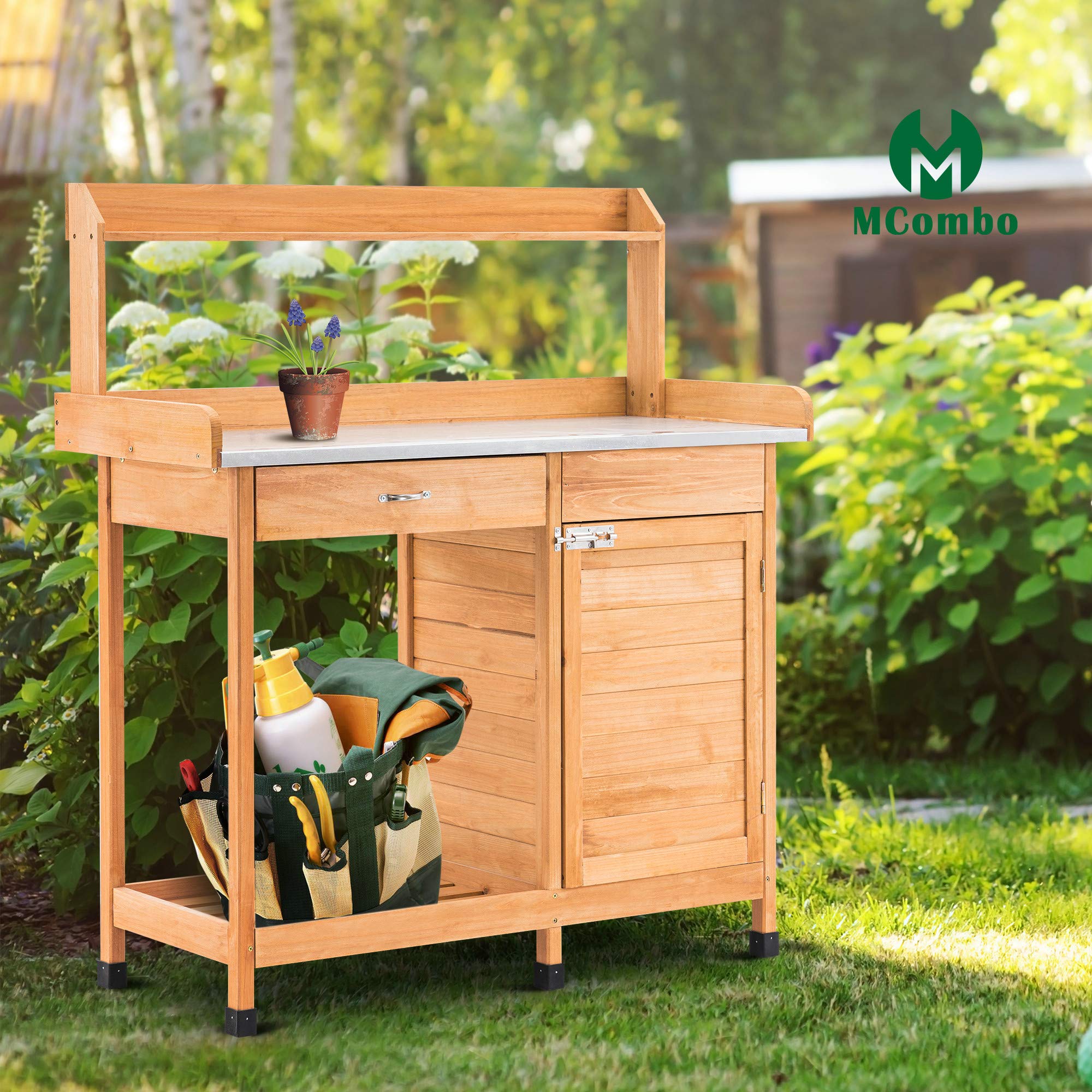 M MCombo Tavolo Giardinaggio Cassetto, Ripiano, Piano Zincato & Armadio, Tavolo Giardiniere Impermeabile 3 Ganci, Tavolo Piante Legno Massello Giardino/Balcone/Terrazza, 0440 (Naturale)