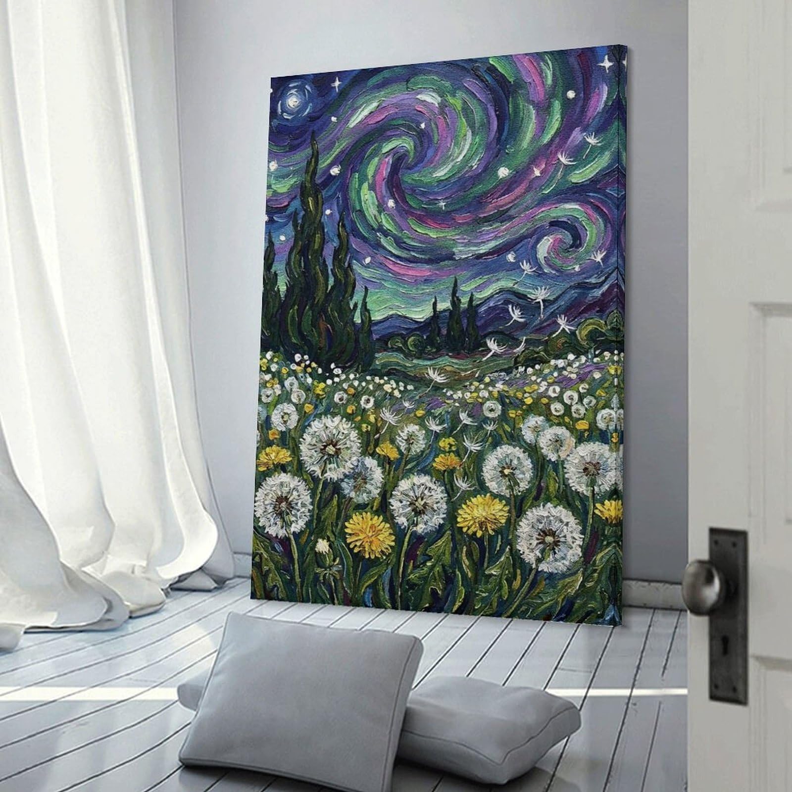Junmoney Frame-Style-8 Starry Night Dandelions Home Decor Wall Art, 24X36inch(60X90cm), For New Homes, Bedrooms Or Workspaces, Gift Idea For Housewarming And Birthdays