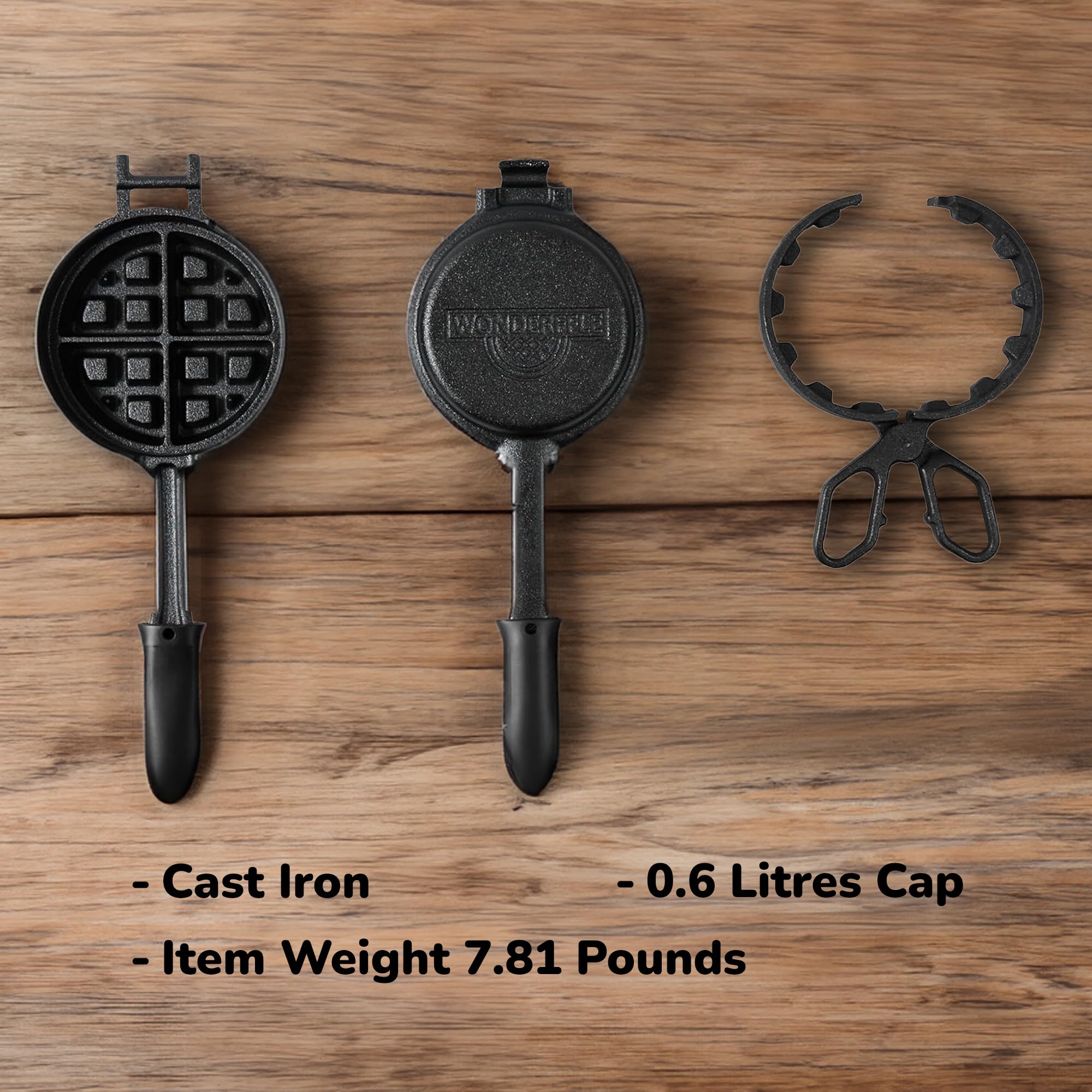 Piastra per waffle ripiena in ghisa, pre-stagionata, diametro 12,7 cm, spessore 5,1 cm, rotonda, belga con manici resistenti al calore, compatibile con gas, elettrico, induzione e altro