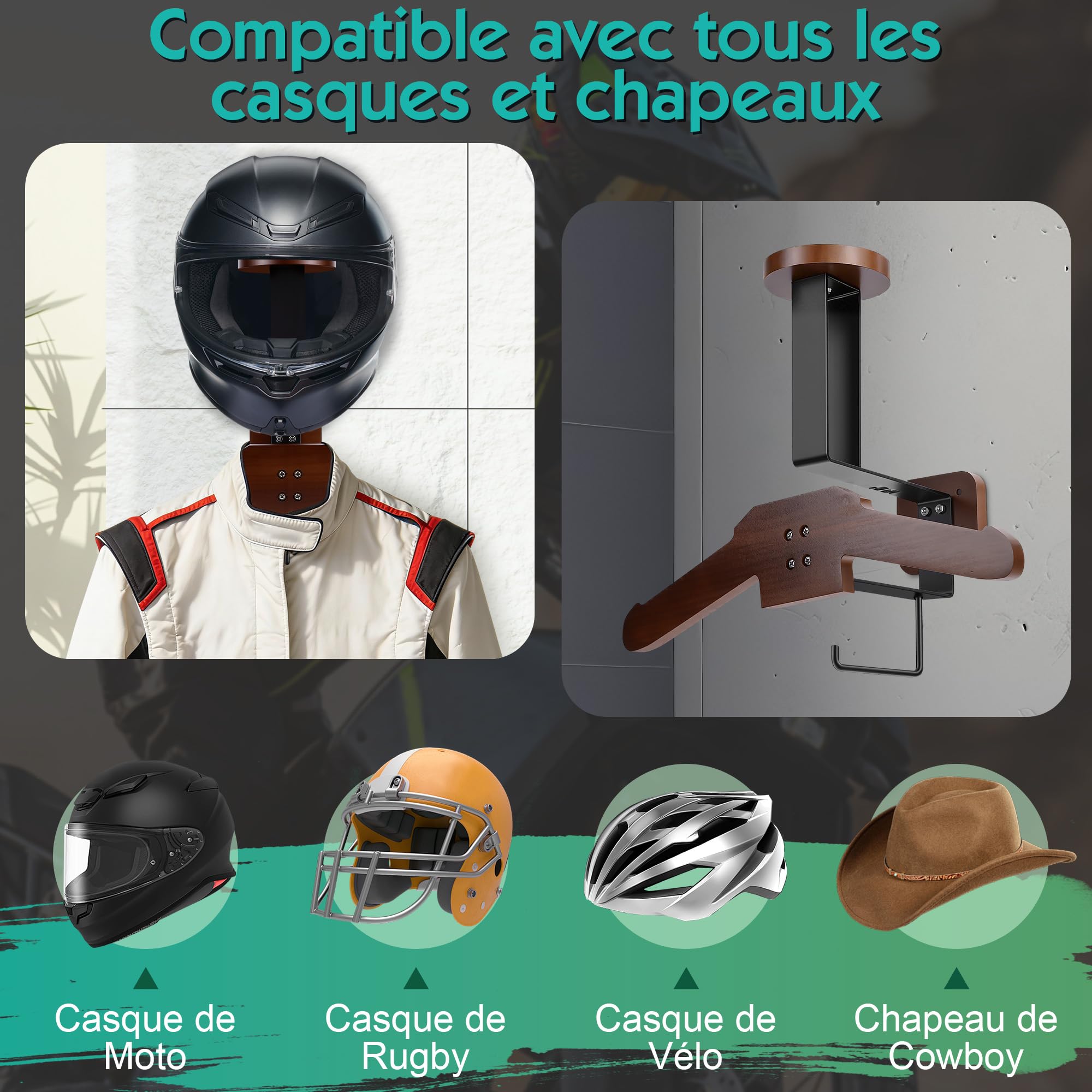 Support Casque Moto, Porte Casque Moto Mural en Bois et Fer, Crochet Multifonctionnel Organisateur Mural Rangement pour Équipements de Cyclisme, Football, Rugby et Autres Sports, Noyer