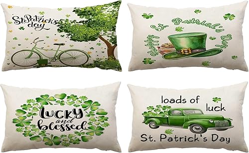 Juego de 4 fundas de almohada del Día de San Patricio de 12 x 20 pulgadas, fundas de almohada del Día de San Patricio, trébol verde, trébol de la