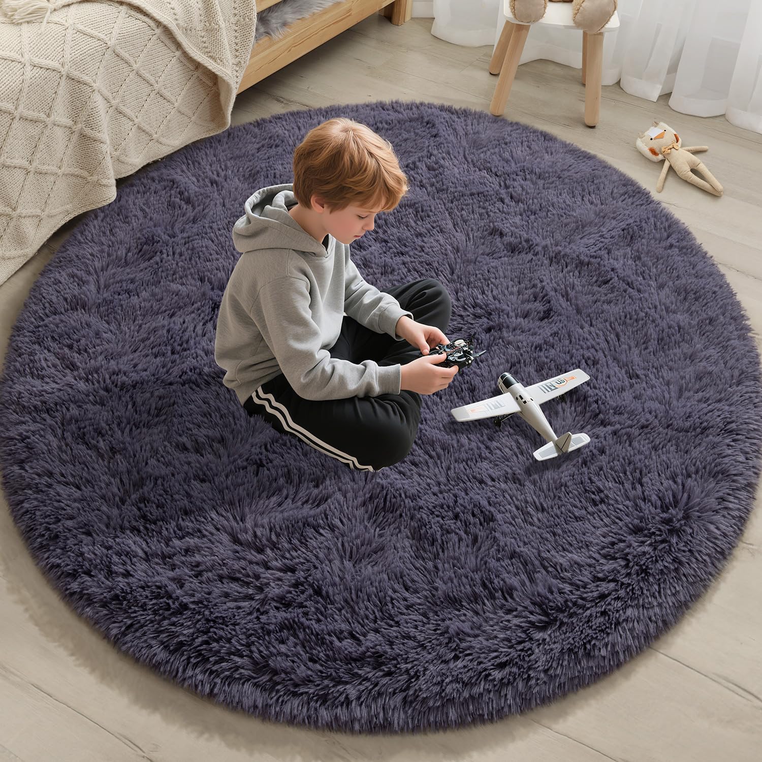 EVOIONOS Grey Purple Round Rug for Bedroom, 4x4 Ft Fluffy Soft Circle Area Rugs for Living Room, Plush Shaggy Circular Carpet Indoor Floor Bedside Kids Nursery, Machine-Washable Home Decor Aesthetic — image 1