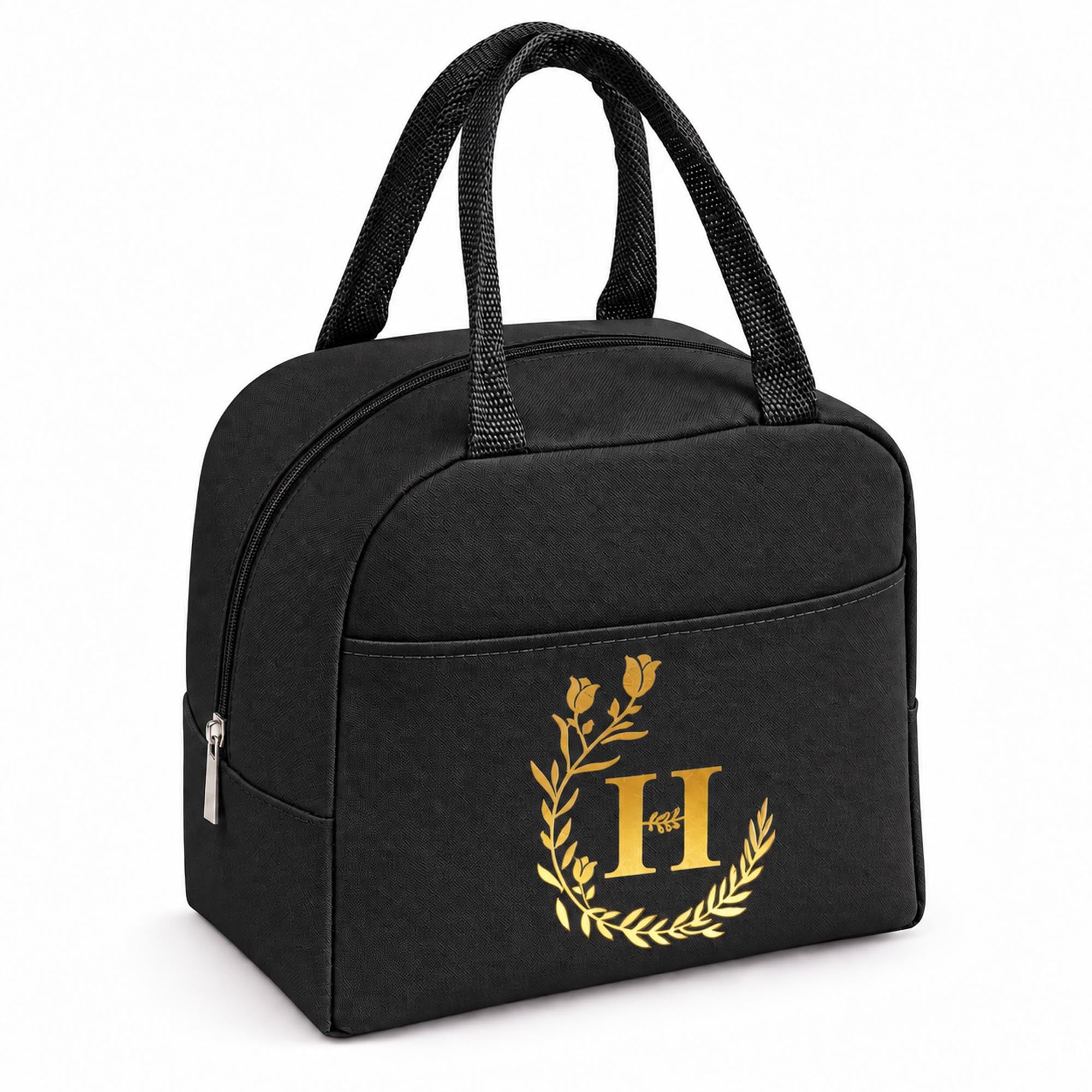 Personalized Black Initial Letters Insulated Lunch Bag for Women Men Kid-H
