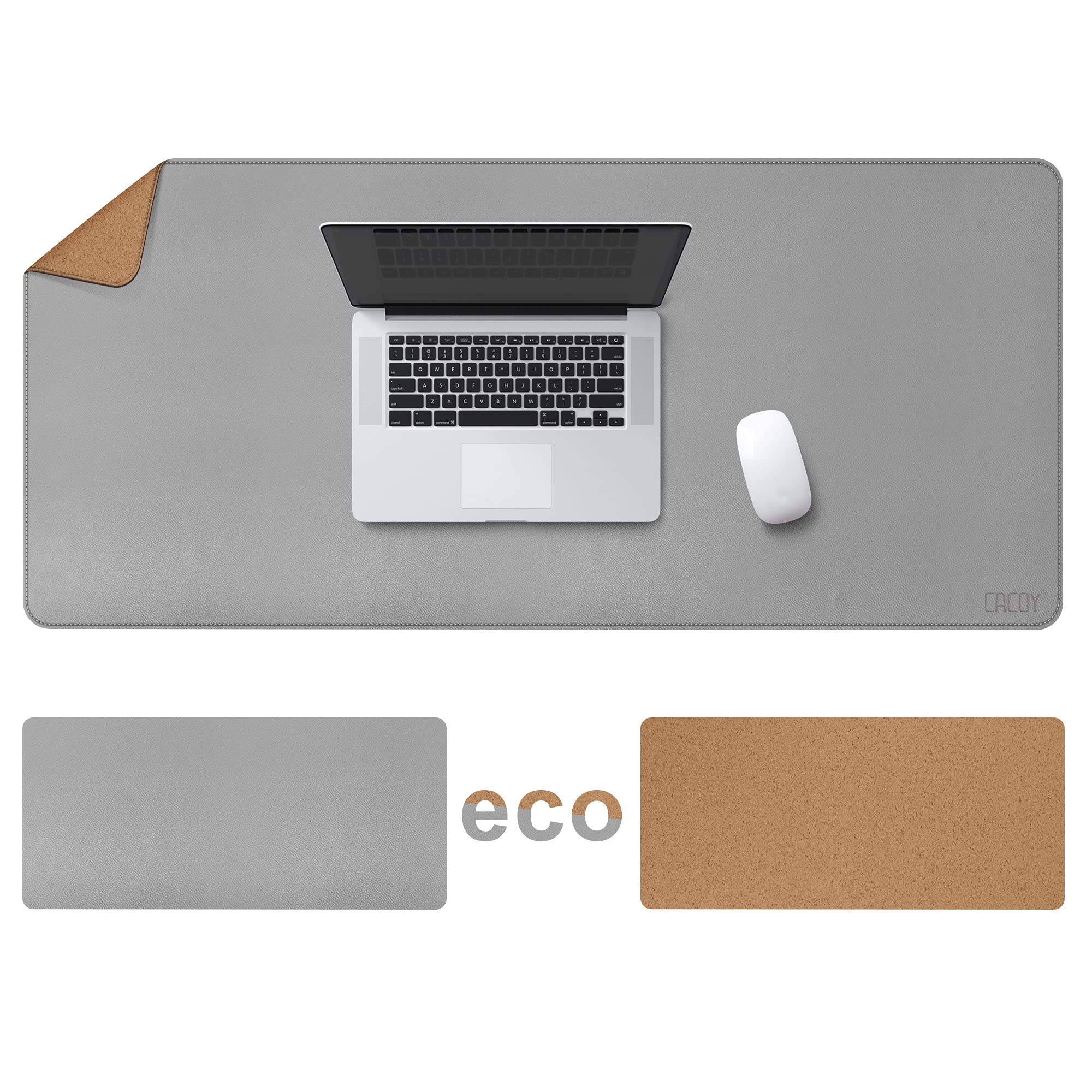 Cacoy ナチュラルコルク＆レザー両面デスクパッド、120x60cm 防水PUレザー防水デスクマット、大型ゲーム用マウスパッド（グレー）