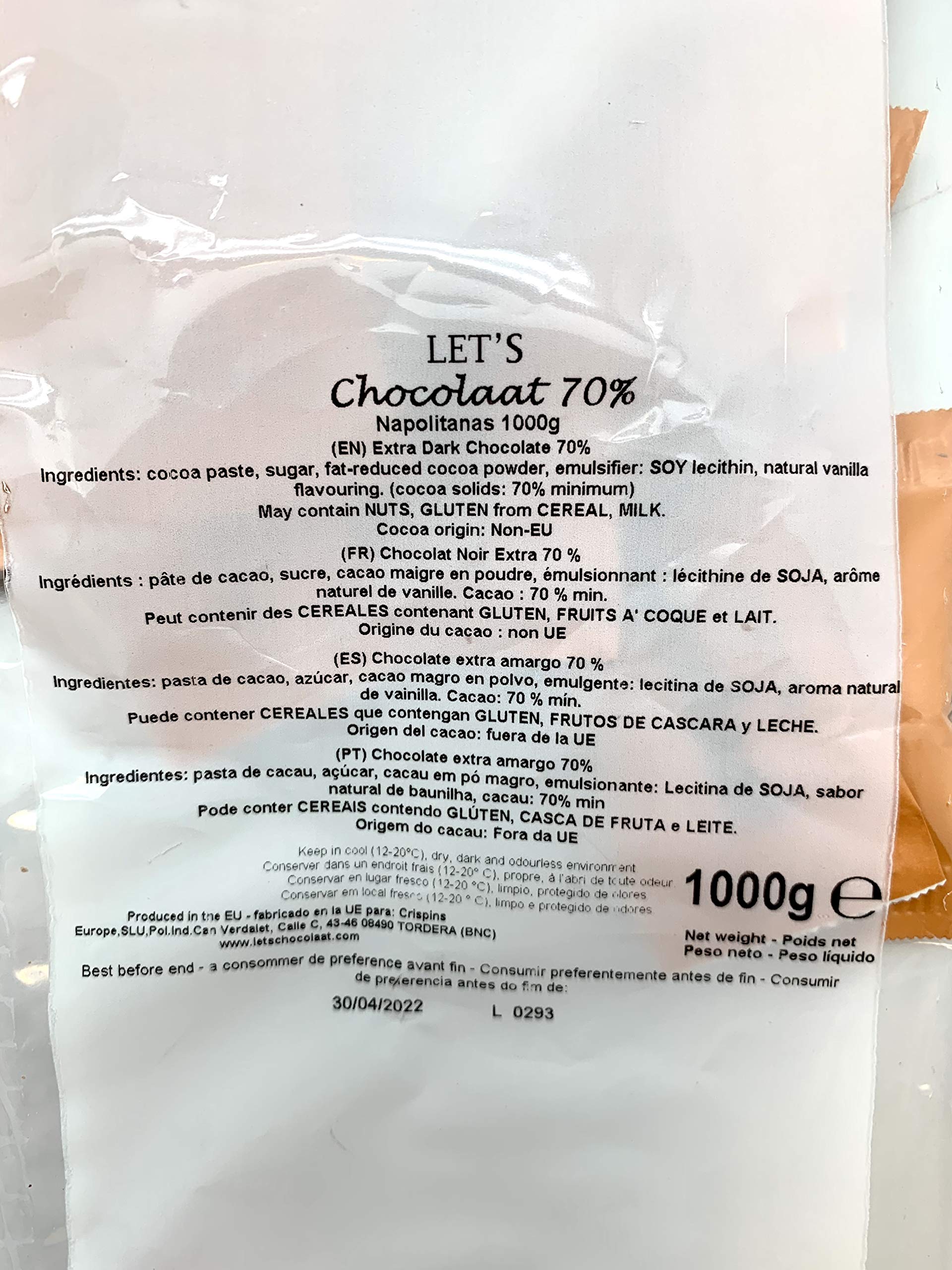 Mini Chocolatinas 3,5g, Chocolate Negro, Mínimo 70% cacao, Bolsa 1kg