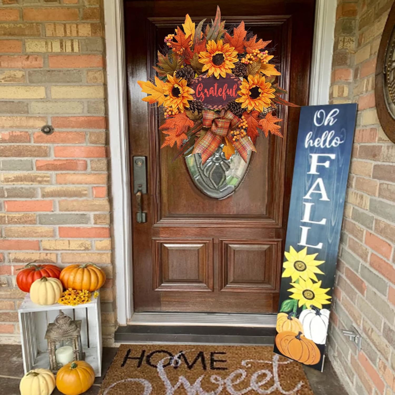 Fall Wreath for Front Door, 20 inch Autumn Sunflower Wreath, Harvest Decor for Farmhouse Outdoor Porch,Thanksgiving Wall Decorations for Home,Fall Indoor Decor with Fall Leaf,Sunflower