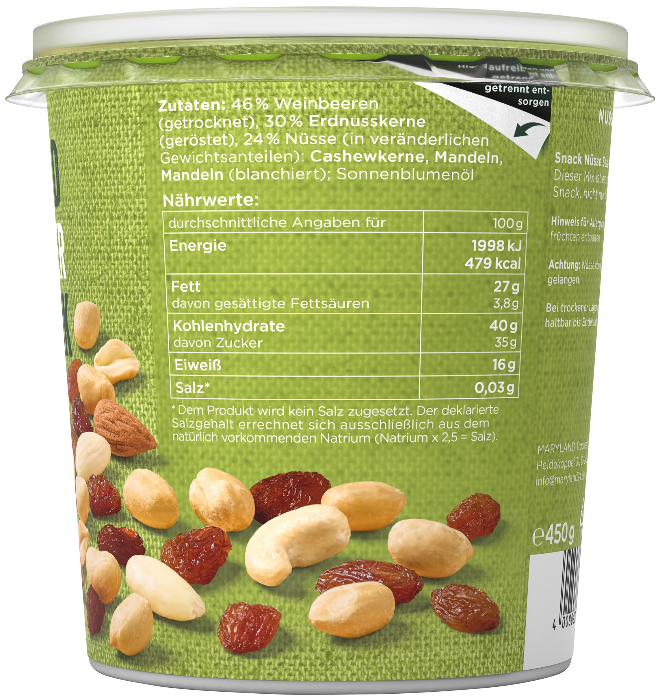 Maryland Studentenfutter Klassik XXL 450g Becher 12er Pack – Rosinen Erdnusskerne Cashewkerne und Mandeln in Nuss-Frucht-Mischung Wiederverschließbarer Becher (12 x 450g)