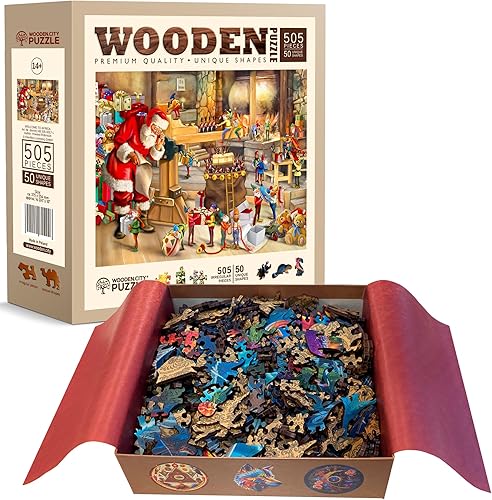 Miniatura 8 de WOODEN.CITY Rompecabezas de Navidad de madera de 500 piezas con piezas únicas y formas inusuales - Taller de Santa - Rompecabezas de Navidad para