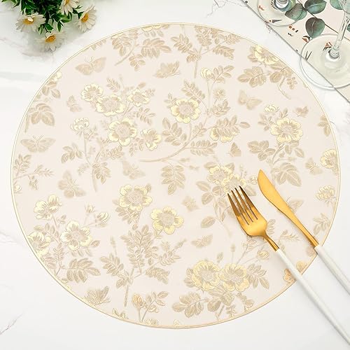 Miniatura 9 de Juego de 6 manteles individuales redondos dorados para mesa de comedor, de vinilo prensado metálico, manteles individuales lavables y lavables para