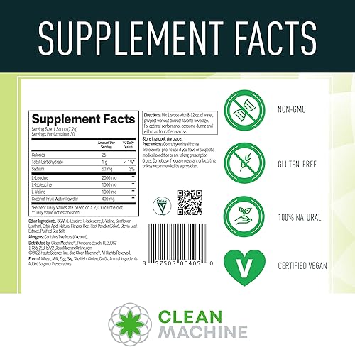 Miniatura 4 de Clean BCAA - BCAA vegano de origen natural y electrolitos de agua de coco orgánicos suplemento de aminoácidos veganos - Punch de frutas - 762oz