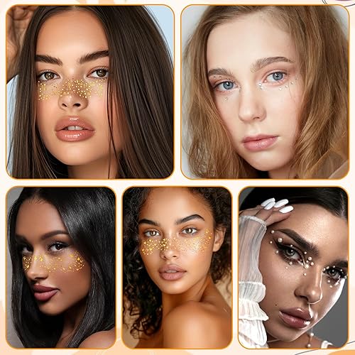 Glitter Freckles Face Tattoo, 6 Pcs Gold Face Glitter Sparkle Freckles with 3 Pcs Face Gems Waterproof Fake Freckles Makeup Jewels Stickers Festival Rave Accessories for Women