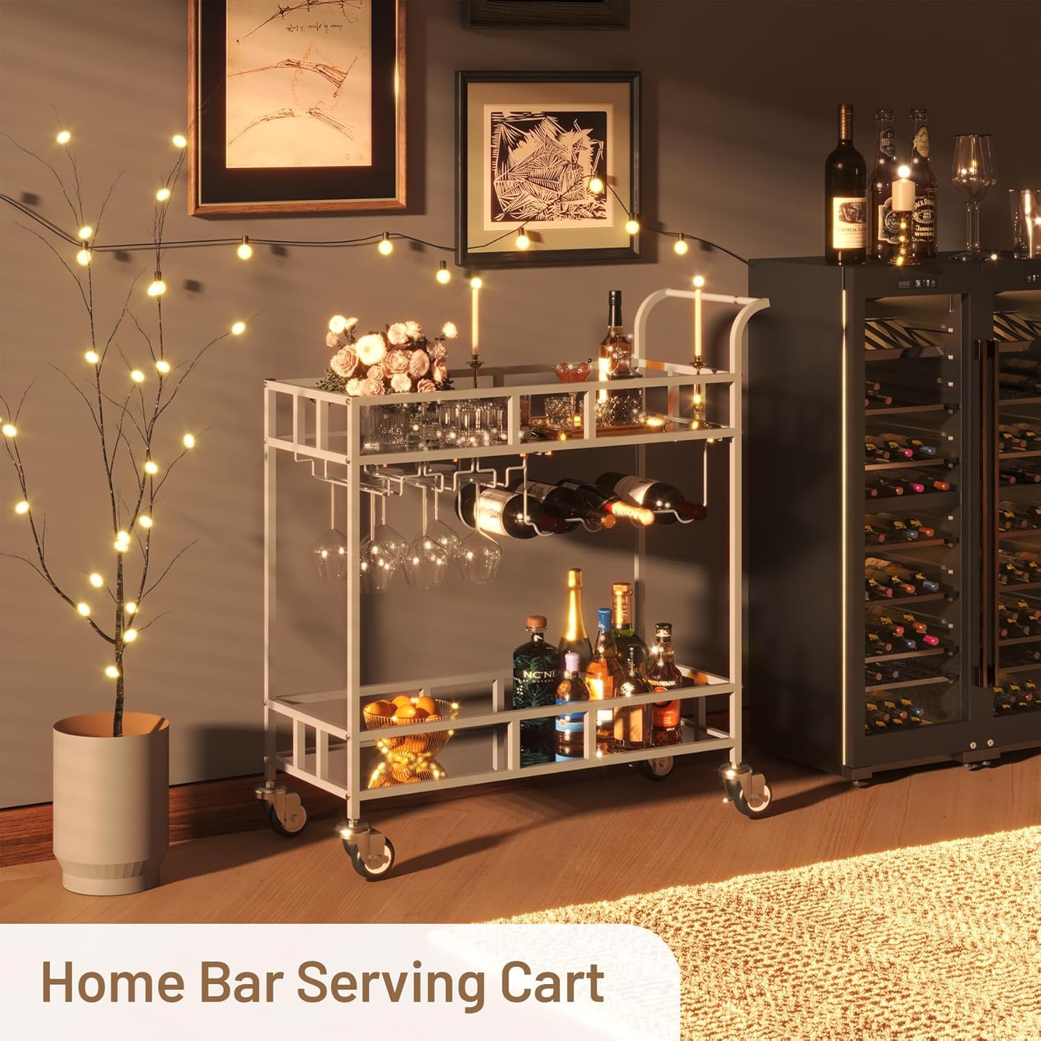 2-Tier Rolling Bar Cart with Mirrored Shelves & Wine Storage – Gold Portable Drink Cart with Wheels, Glass Racks, Bottle Holder – Compact Metal Bar Table for Home, Dining Room, Apartment, Party