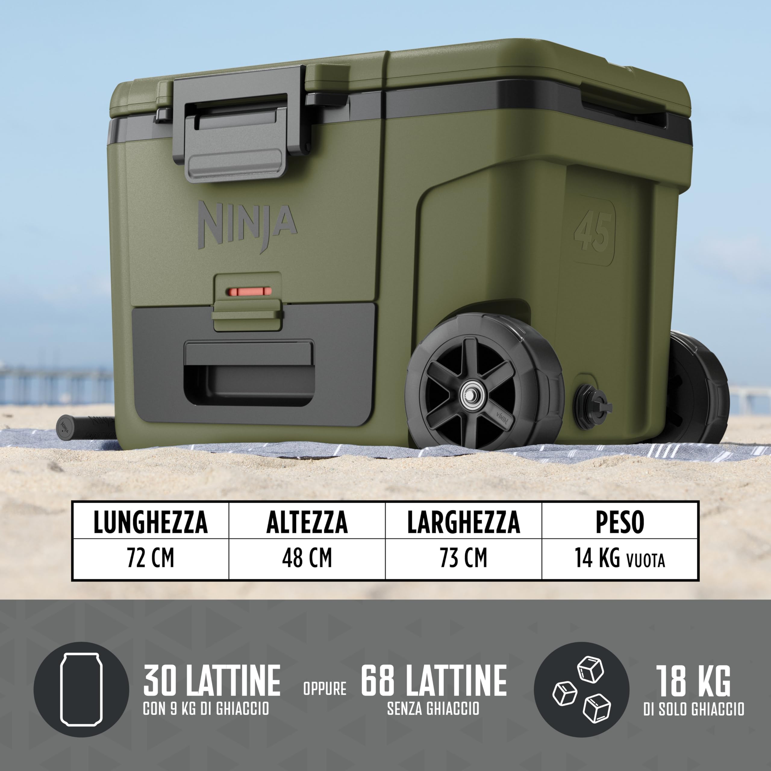 Ninja FrostVault, Ghiacciaia portatile isolante robusta, Verde | con borraccia Ninja Thirsti e mattonella refrigerante grande, con ruote e scomparto frigo integrato, FB245AMZEUUKGN