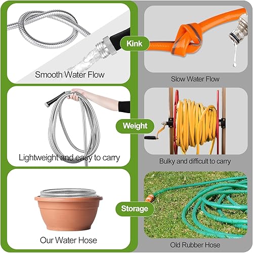 Miniatura 5 de Manguera de jardín de metal de 150 pies, manguera de agua de acero inoxidable 304 con 2 boquillas de patrón múltiple, flexible, resistente, ligera,