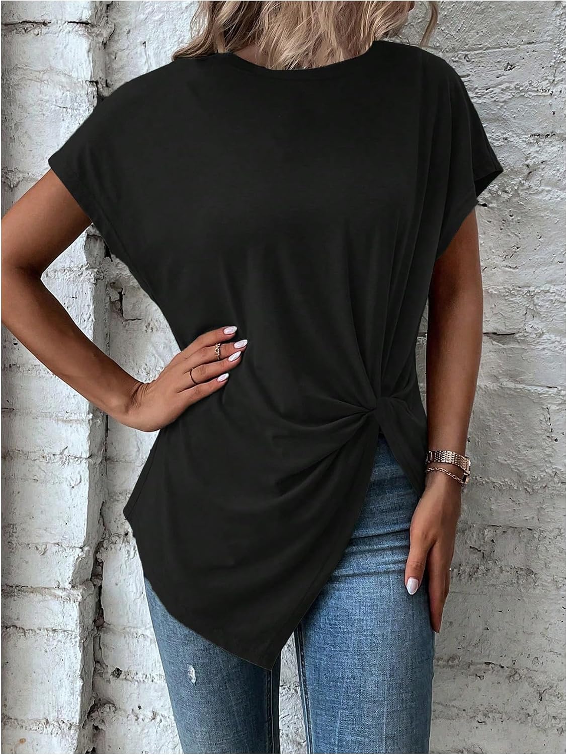 SOLY HUX Asymmetrical Tops for Women Twist Front Short Sleeve Crew Neck Tee Summer Casual T Shirt