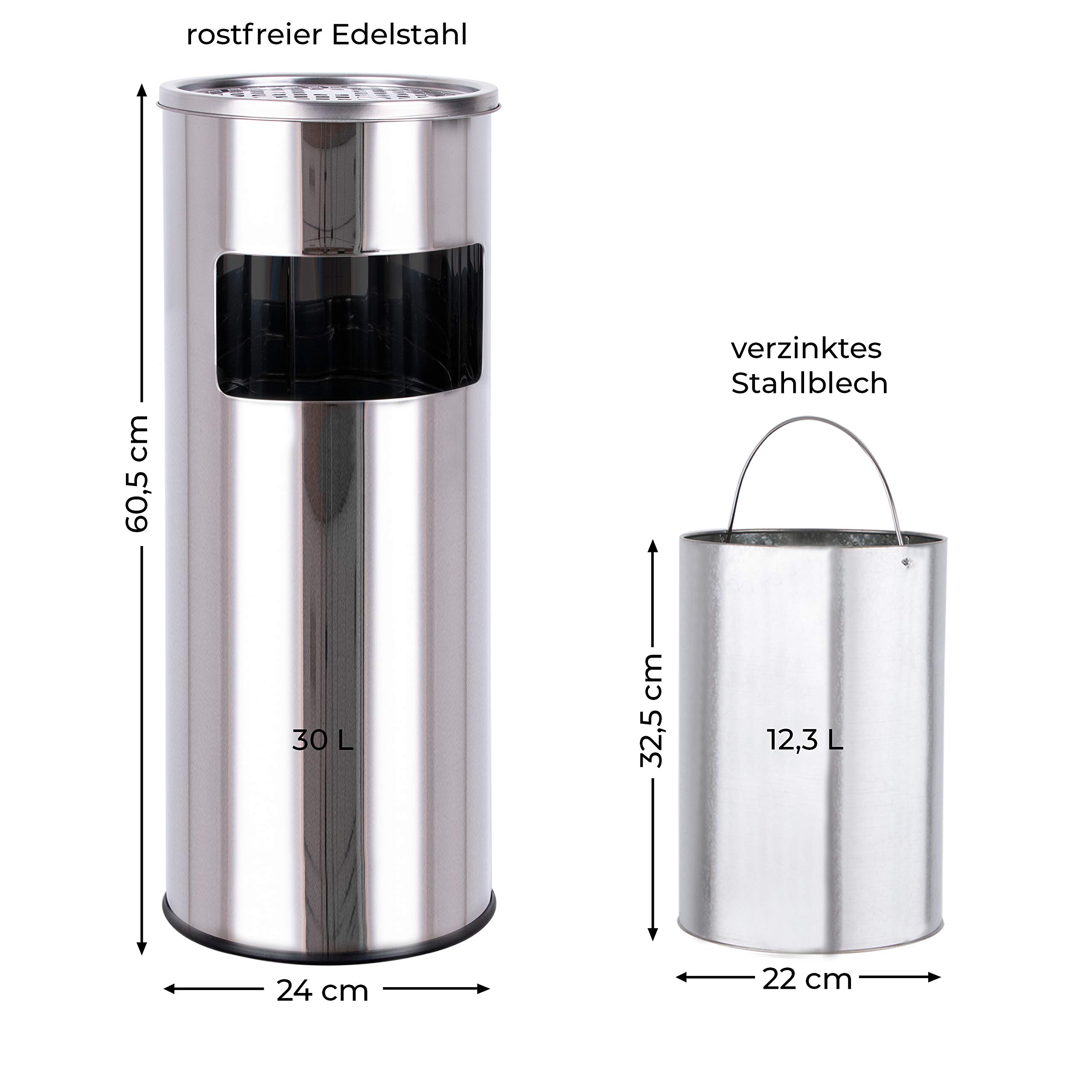 WONEA - 30L Standaschenbecher für draußen Edelstahl Silber Metall 61cm groß Outdoor Aschenbecher mit Mülleimer mit Inneneimer Abfalleimer für draußen, Aschenbecher mit Sand befüllbar