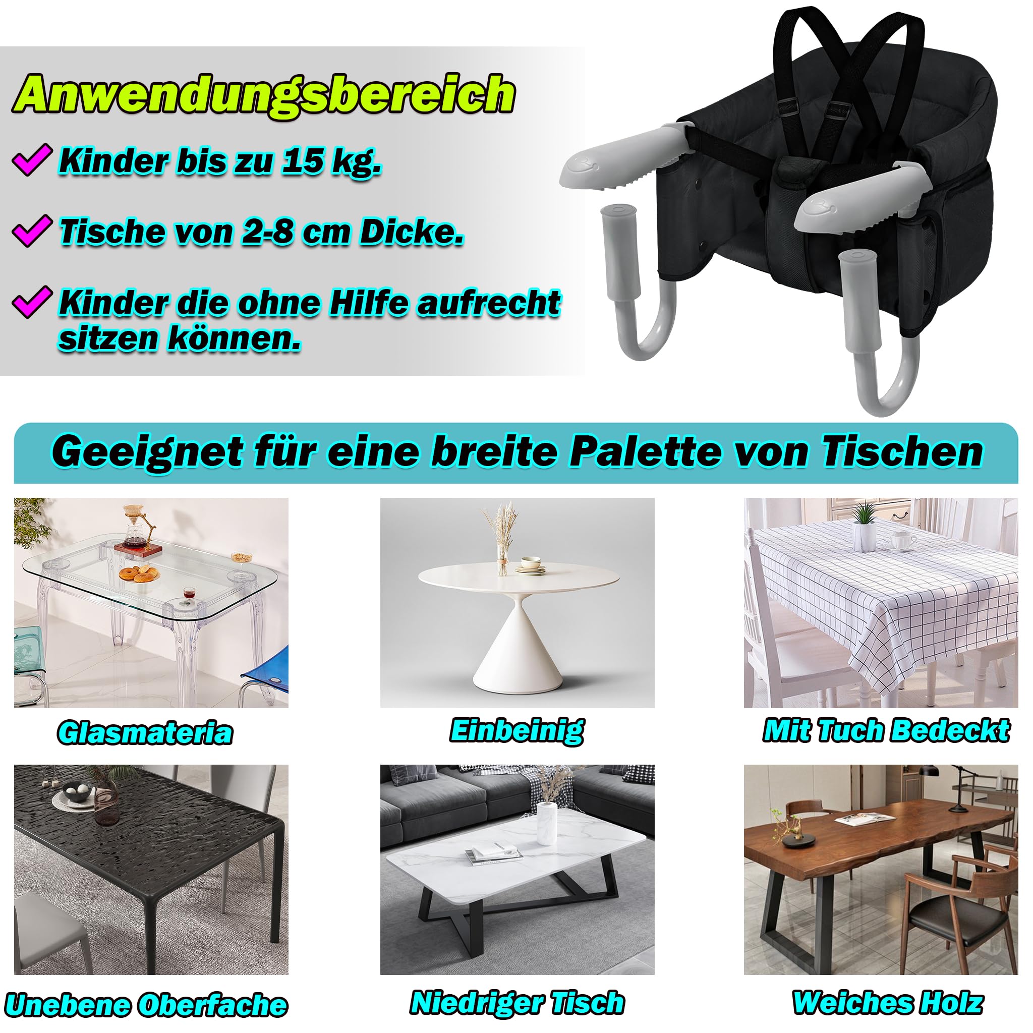 Froadp Seggiolino da tavolo pieghevole per bambini, con custodia e linguette di fissaggio sicure, per bambini, seggiolone, con aste di fissaggio regolabili, per casa, viaggi, colore nero