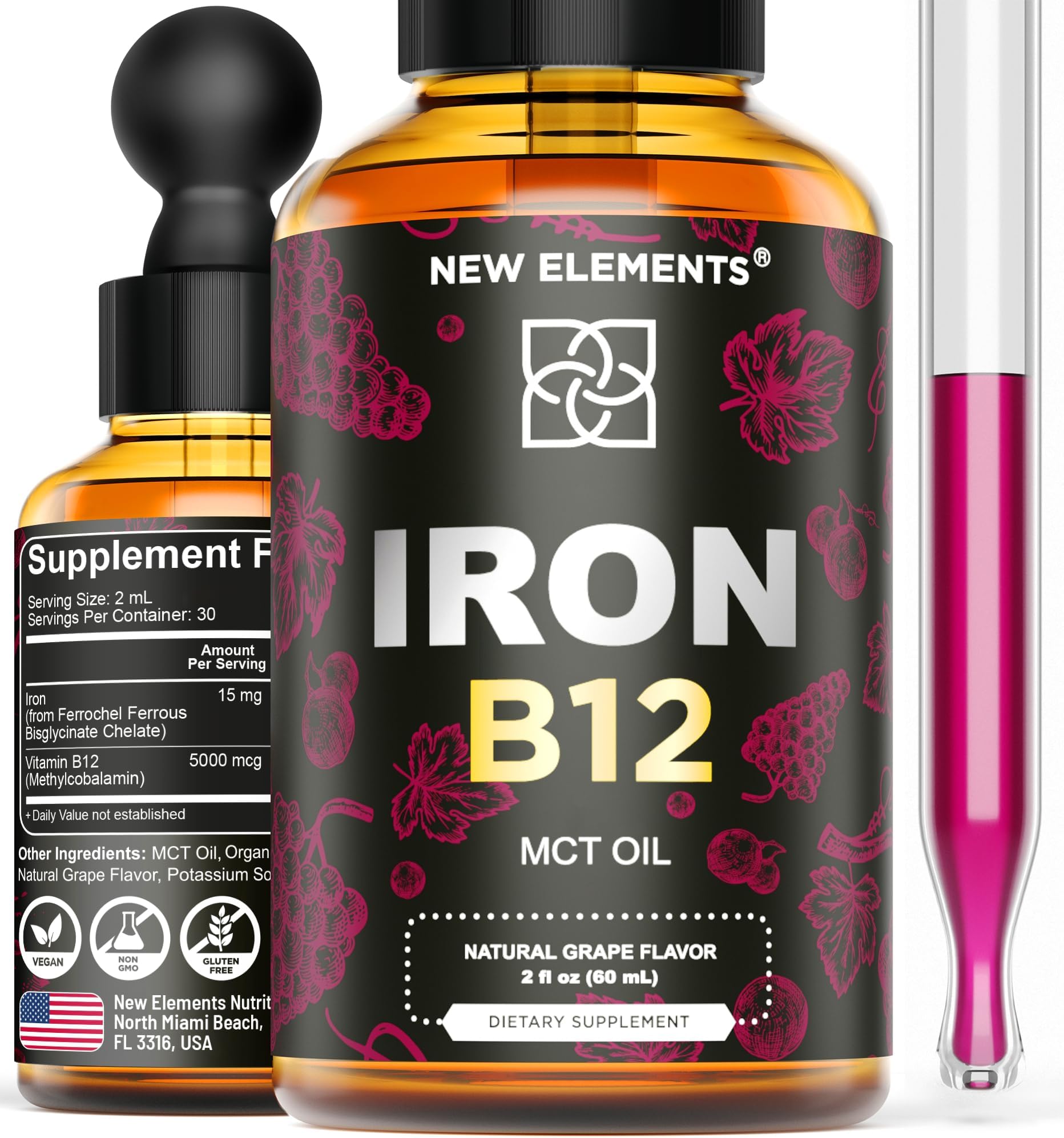New Elements Liquid Iron Supplement for Women & Men with Vitamin B12 5000mcg - Free Blood Builder for Anemia - Liquid Vitamin B12 Drops for Adults with MCT Oil, Natural Grape Flavor, 2 Fl Oz