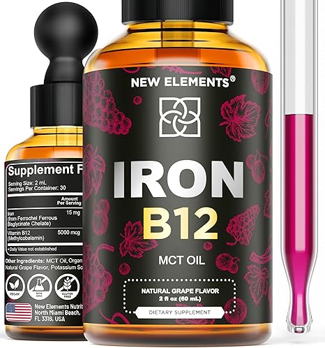 Liquid Iron Supplement for Women & Men with Vitamin B12 5000mcg - Free Blood Builder for Anemia - Liquid Vitamin B12 Drops for Adults with MCT Oil, Natural Grape Flavor, 2 Fl Oz