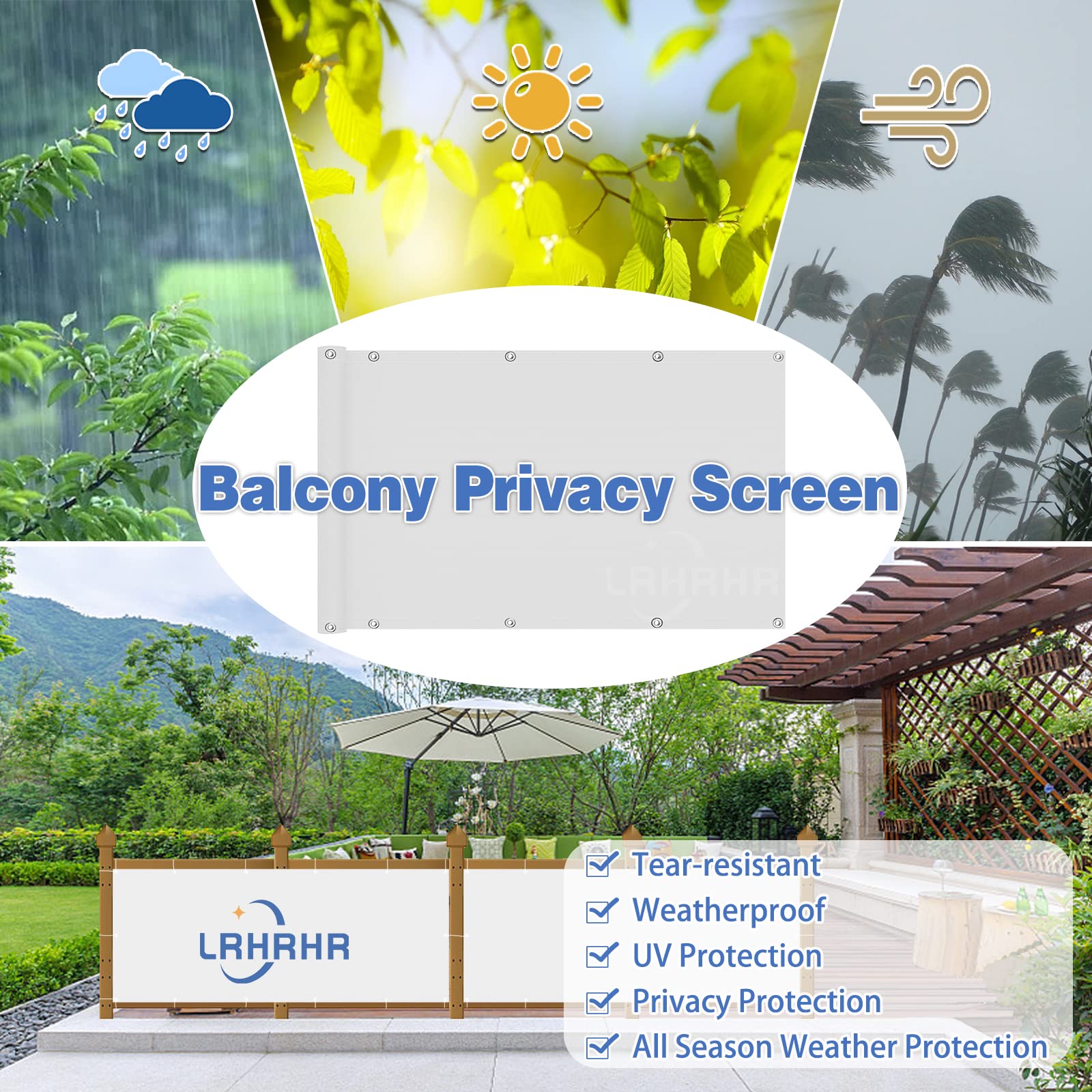 Osłona balkonowa, ochrona przed wzrokiem, na patio, wodoodporna, blokada UV, osłona balkonowa z opaskami kablowymi i liną, biała, 100 x 250 cm