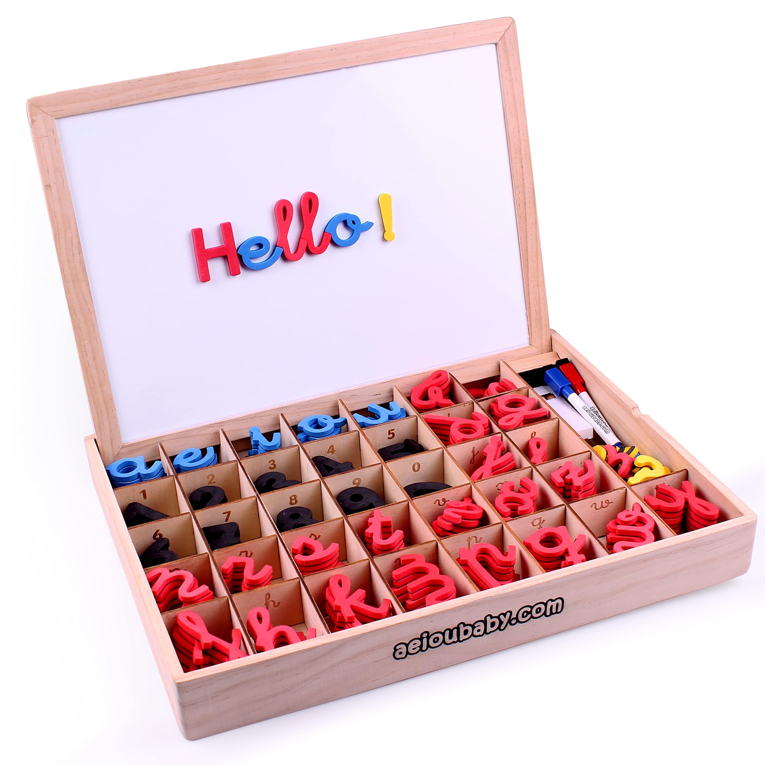 Letras y Números Magnéticos Montessori | Abecedario Móvil Cursiva Ligada. Mayúsculas, Minúsculas y Cifras en Goma EVA | Pizarra Reversible y Caja de Madera | Juego Educativo Aprender a Leer y Escribir