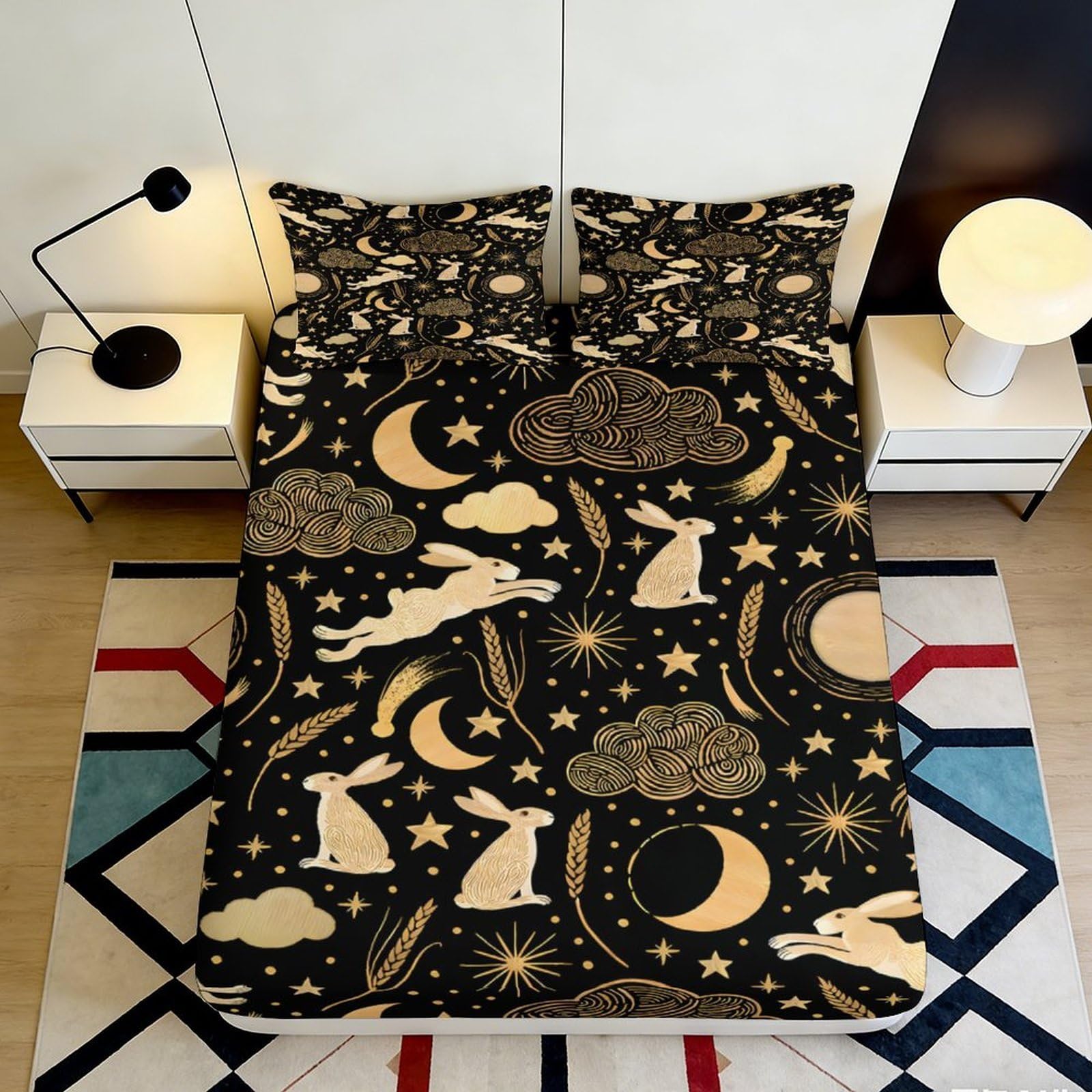 3D Printed Moon Rabbit Fitted Sheet Microfiber Soft Breathable Starry Night Bed Cover for Bedroom Dormitory Guest Room Mattress Protection Decor 200x200x25cm