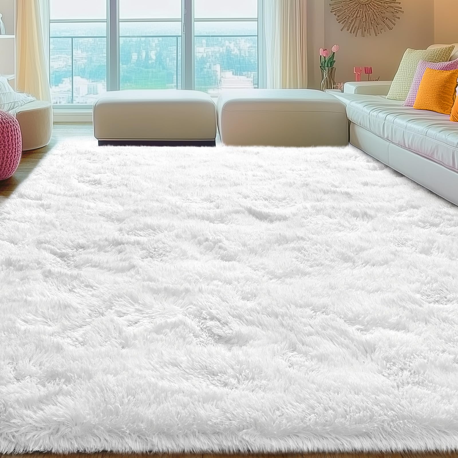 Rezutan Large 8x10 Area Rug for Living Room,White Soft Shag Rugs for Bedroom, Non-Slip Ultra Fluffy Rug,Modern Plush Carpet for Girls Boys Kids Room Dorm, Fuzzy Rug for Home Decor Aesthetic