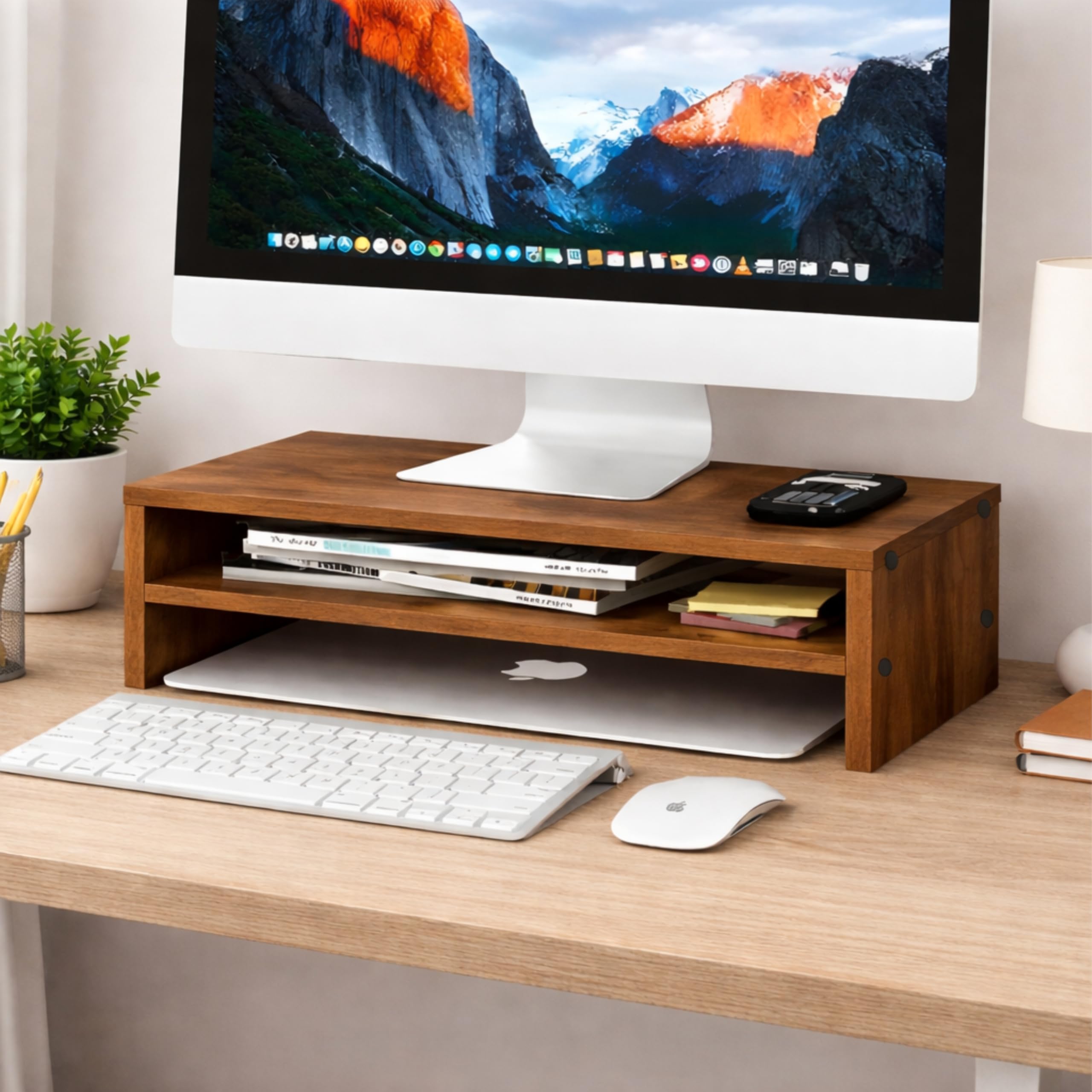 Enigmatic Woodworks Wooden Monitor Stand with Storage Organizer for Desk, Tables, Office, Home, Studio, Study Table (Walnut)