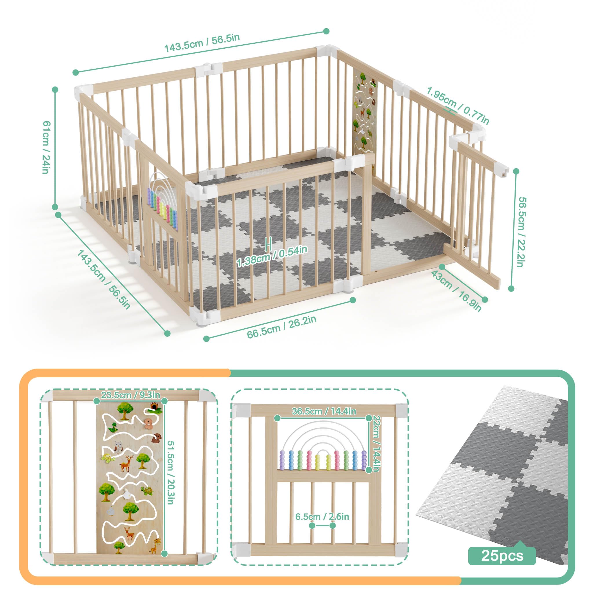 UISEBRT XXL Parque infantil de madera para bebé con 2 centros de juego, tamaño y forma ajustables, parque plegable con 8 elementos de barrera para bebés y niños pequeños, con colchón