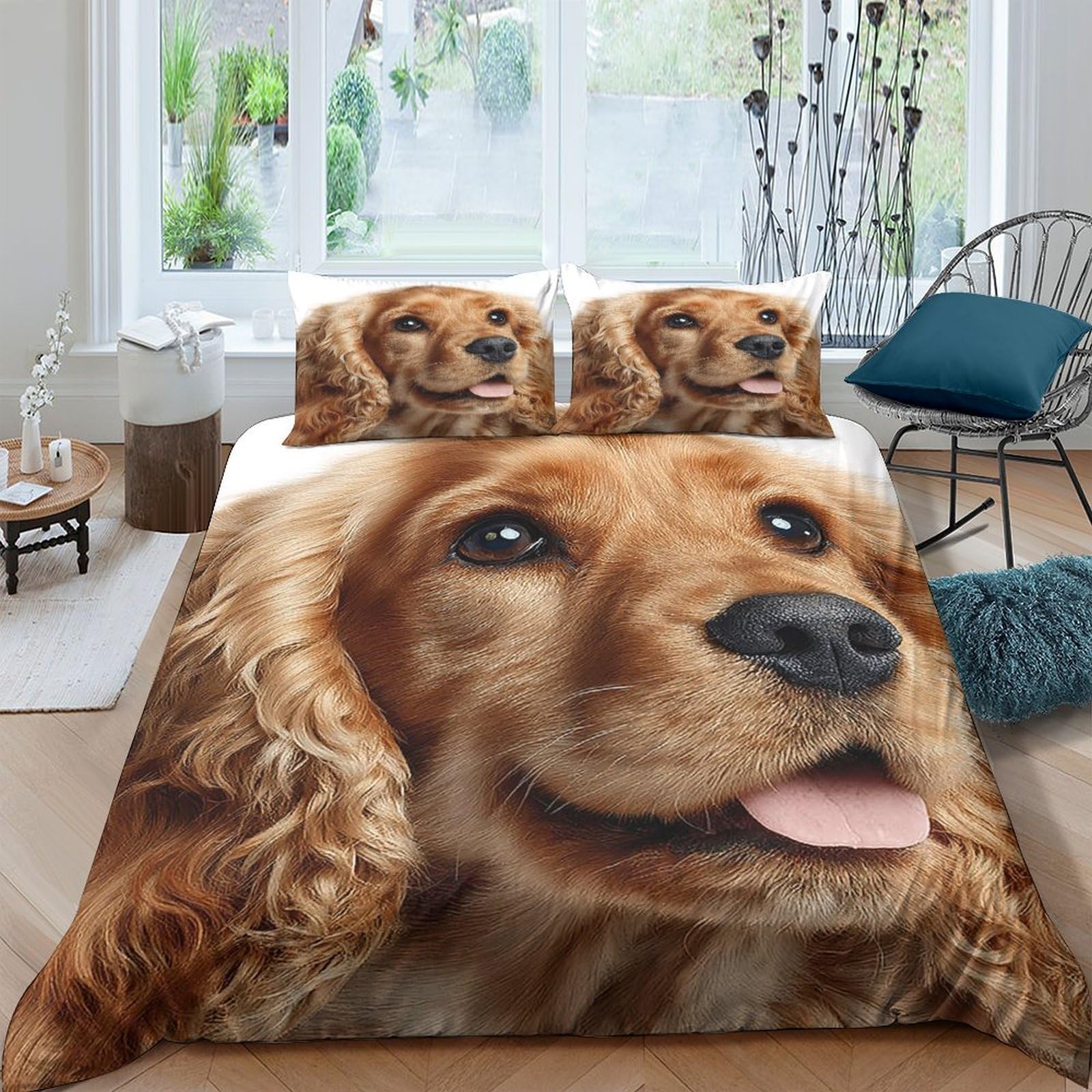 TUFRTGYHN 3D Printed Golden Retriever Dog Duvet Cover Microfiber Soft Breathable Dog Face Bedding Set with 2 Pillowcases for Bedroom Decor Single（135x200cm）