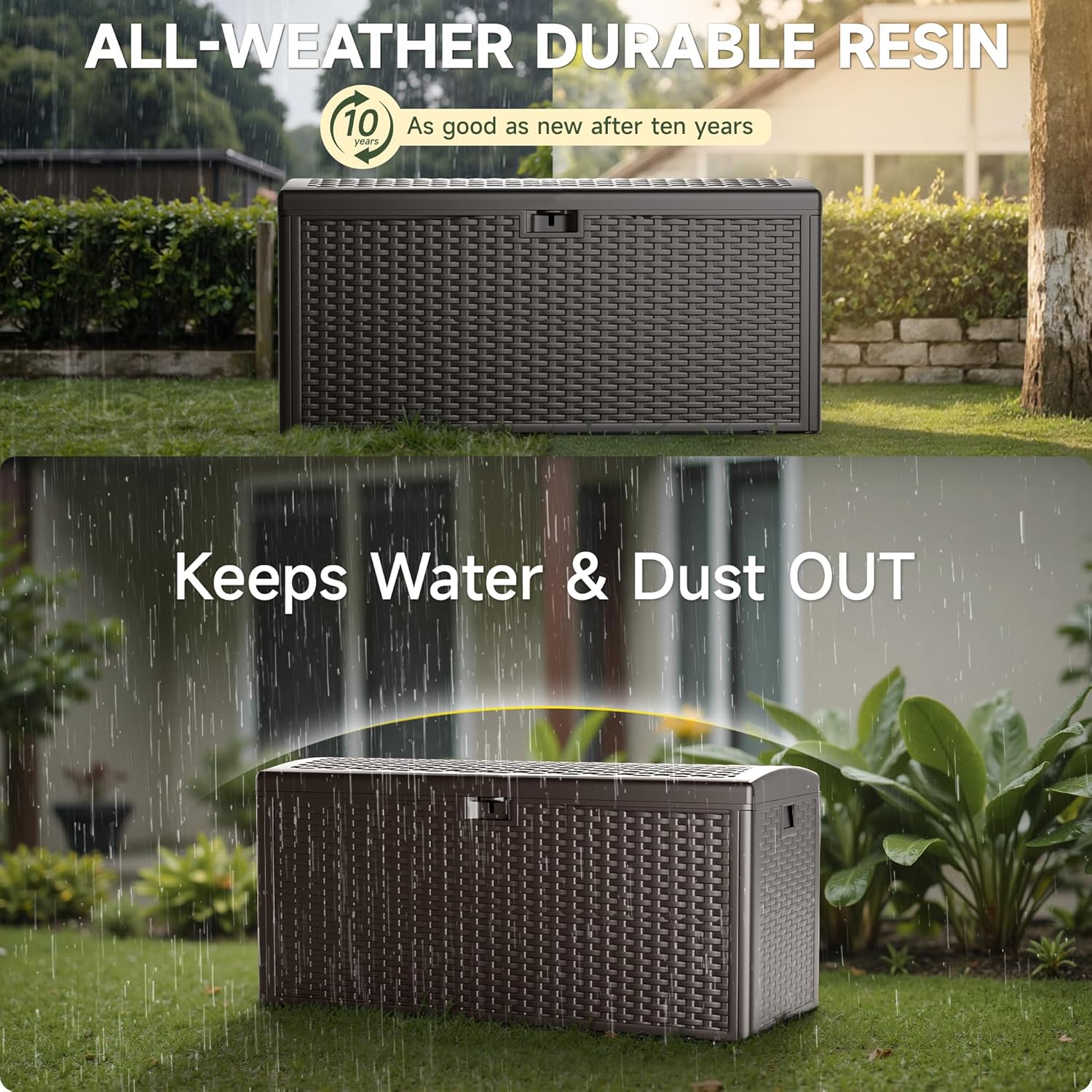 150 Gallon All-Weather Deck Box, Lockable Waterproof Resin Storage with UV Resistance for Patio Furniture, Garden Tools, Pool Accessories (Brown)