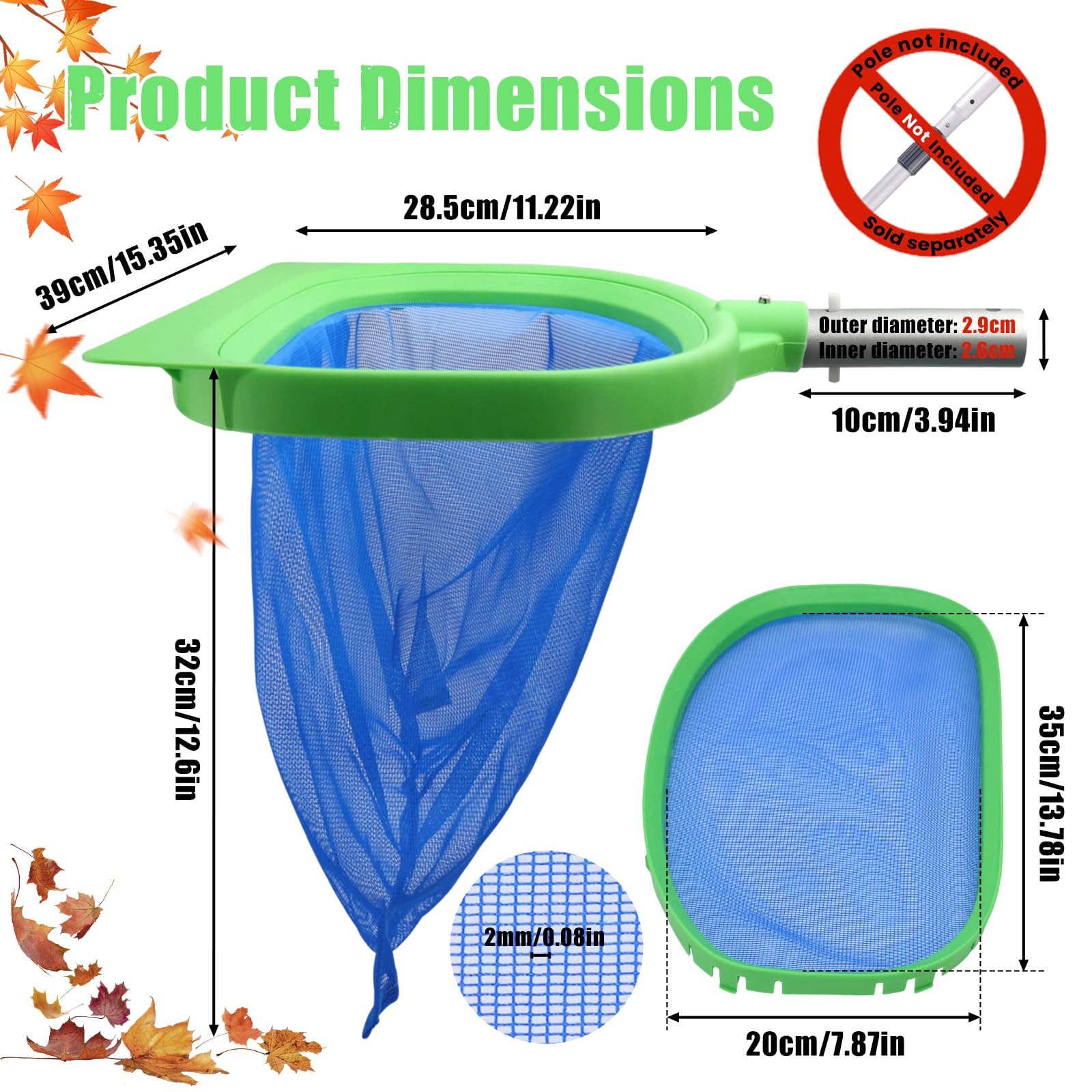 Epuisette de Piscine Maille Fine(Aucun Bâton), Épuisette de Fond & Surface Ecumoire pour Piscine, Jacuzzi, Spa, Bassin Exterieur Professionnelle, Filet de Nettoyage de Fond Piscine
