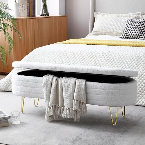 LUMISOL Banco de almacenamiento tapizado ovalado con patas doradas, cómodo banco otomano con almacenamiento, banco de dormitorio con esponja gruesa