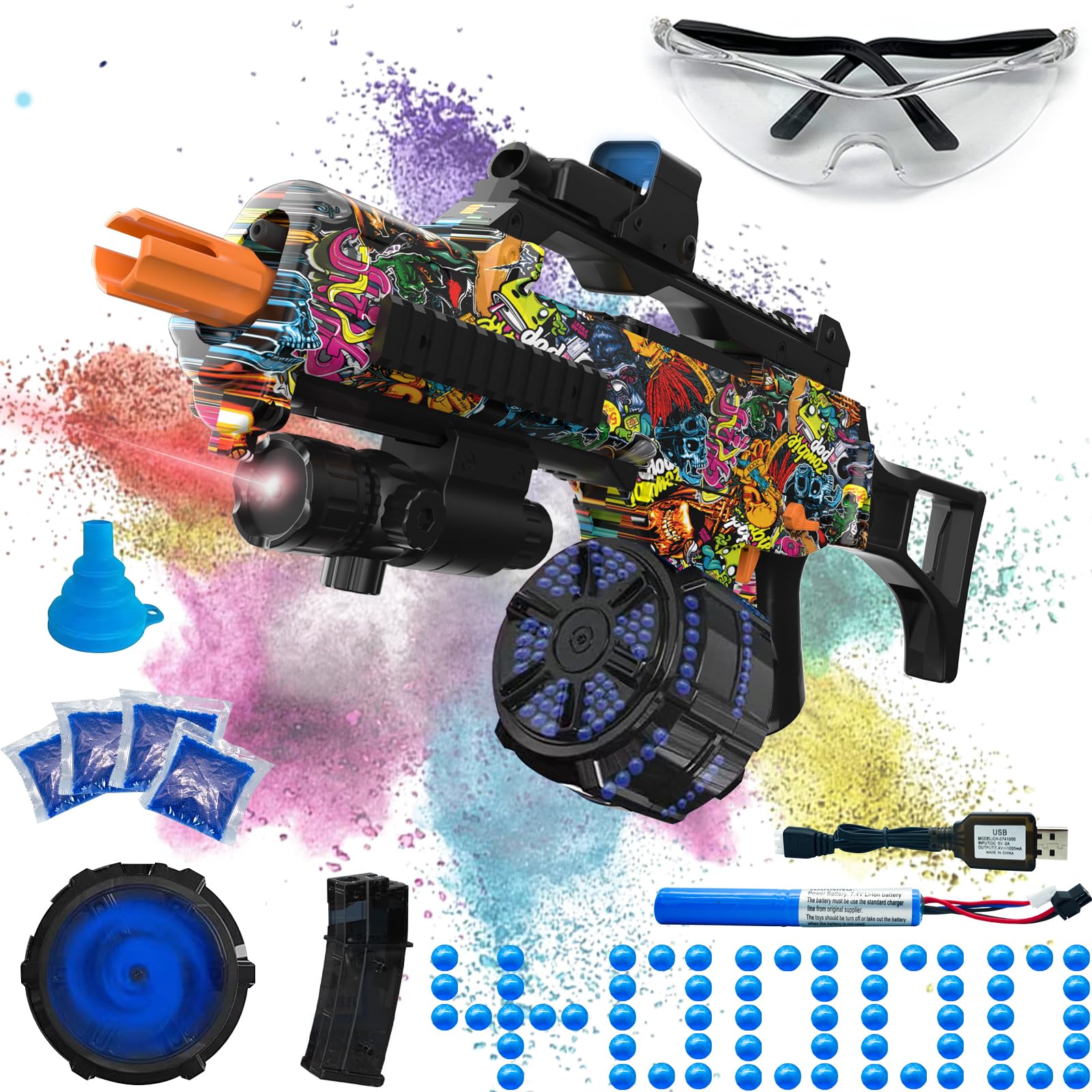 Electric Gel Ball Blaster, High Speed Automatic Splatter Ball Blaster with 40000+ and Goggles, JIFTOK Rechargeable Splatter Ball Toys for Outdoor Activities Shooting Game Party Favors-Mix Skull