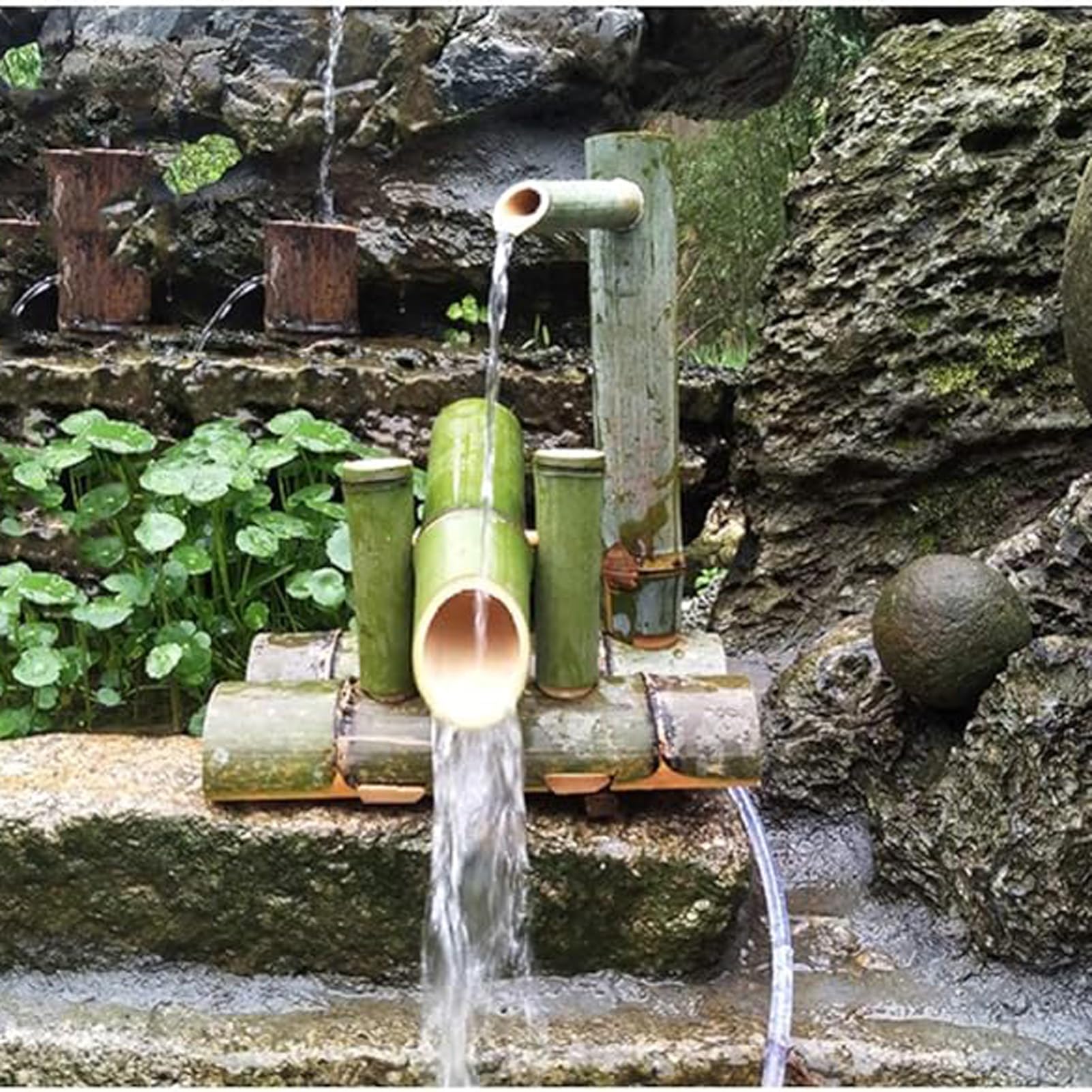 Ljykbfl Yellow Handmade Bamboo Water Fountain Kit, Freestanding Zen Waterfall Feature, Garden Water Ornament, For Pond, Bird Bath, Backyard, Patio, Balcony, Courtyard-23.6In(60Cm)
