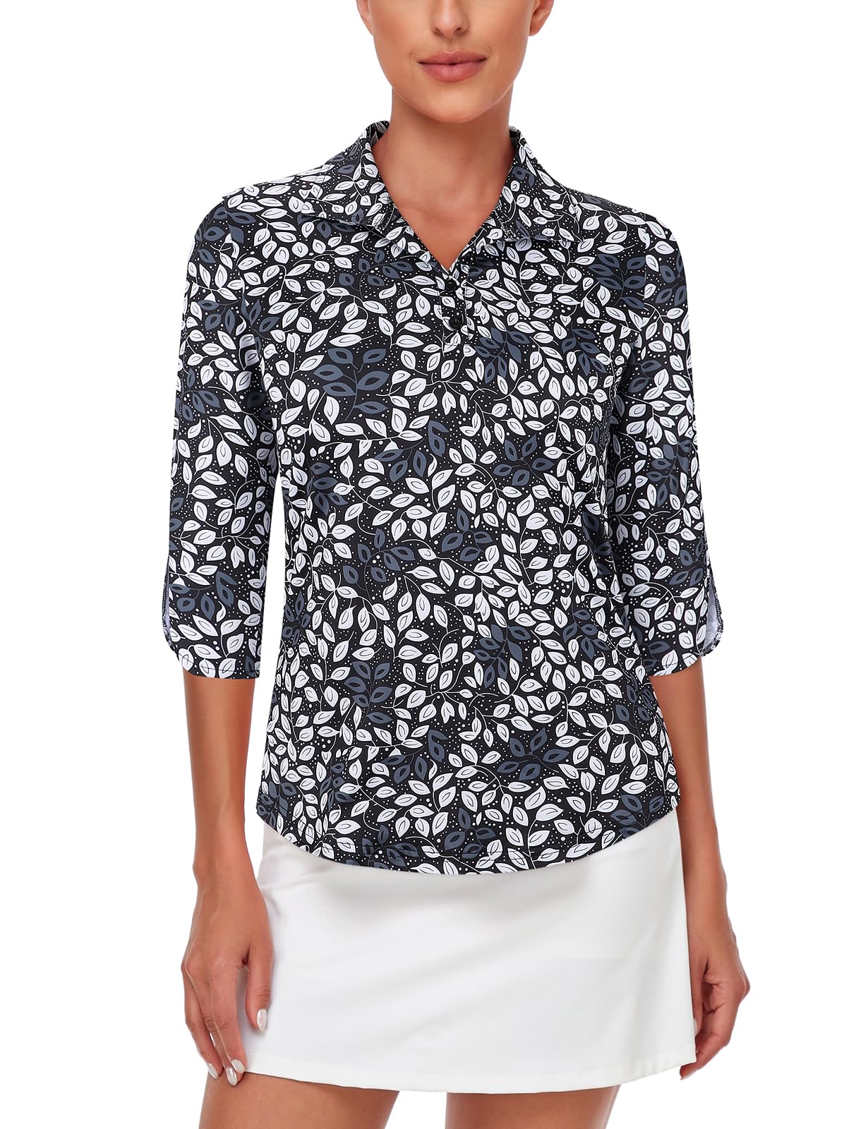 AkioouePolo Shirts for Women UK Quick Dry 3/4 Sleeve Golf Shirts with 2 Button UPF 50+ Workout Tops S-XXL