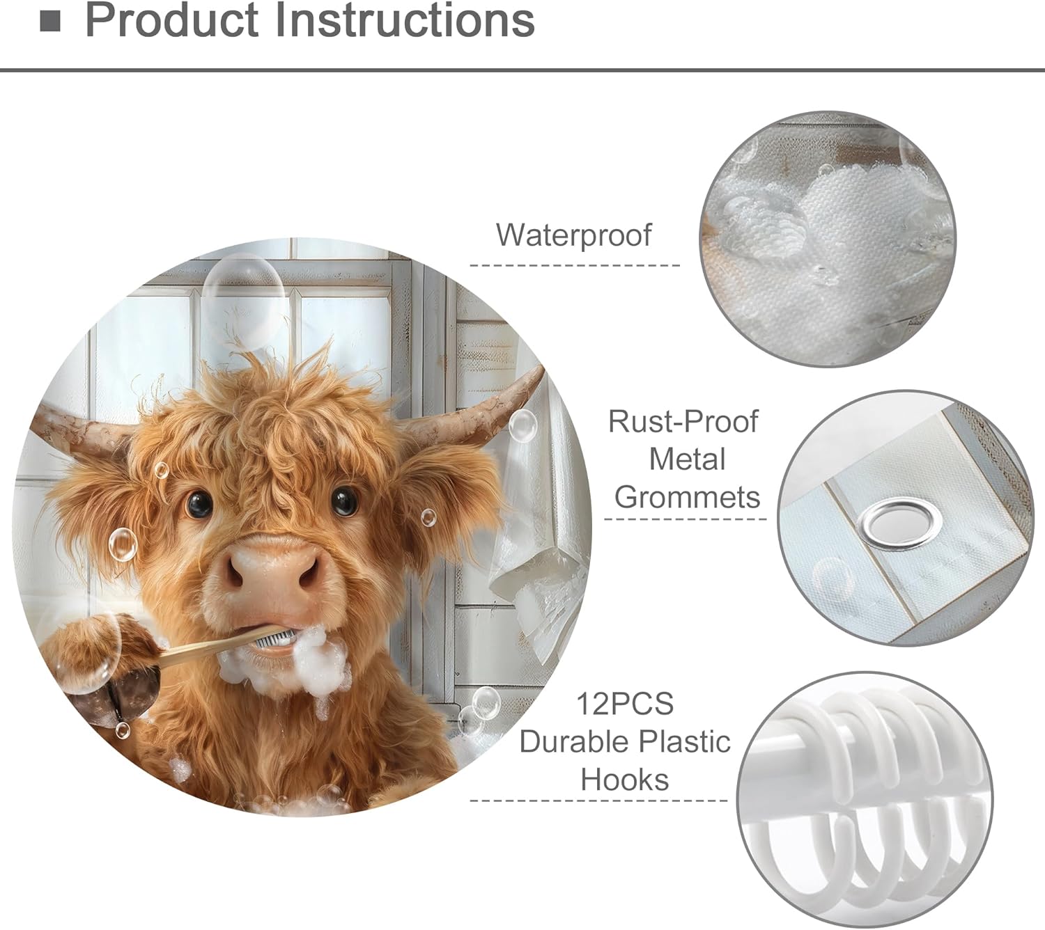 Omifly Funny Highland Cow Shower Curtain Sets 4Pcs Rustic Farmhouse Farm Calf in Bubble Bathtub Brushing Teeth Bathroom Decor Set with 12 Hooks, Rugs and Accessories with Bath Mat and Toilet Lid Cover
