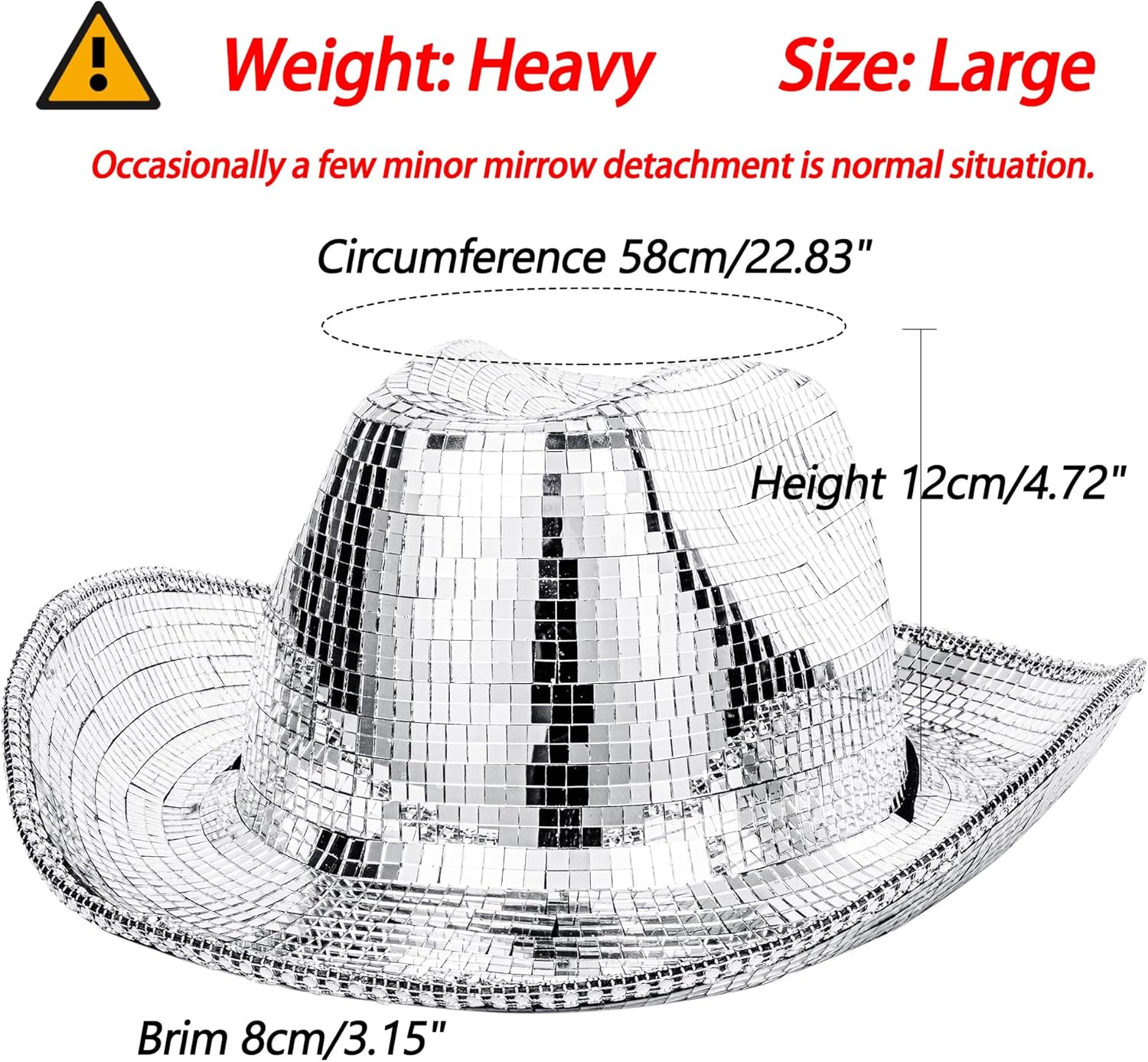 Disco Ball Western Cowboy Hat - Women Men Silver Mirrored Sparkly Cowgirl Hat for Cosplay Party Size:Large Heavy - Image 3
