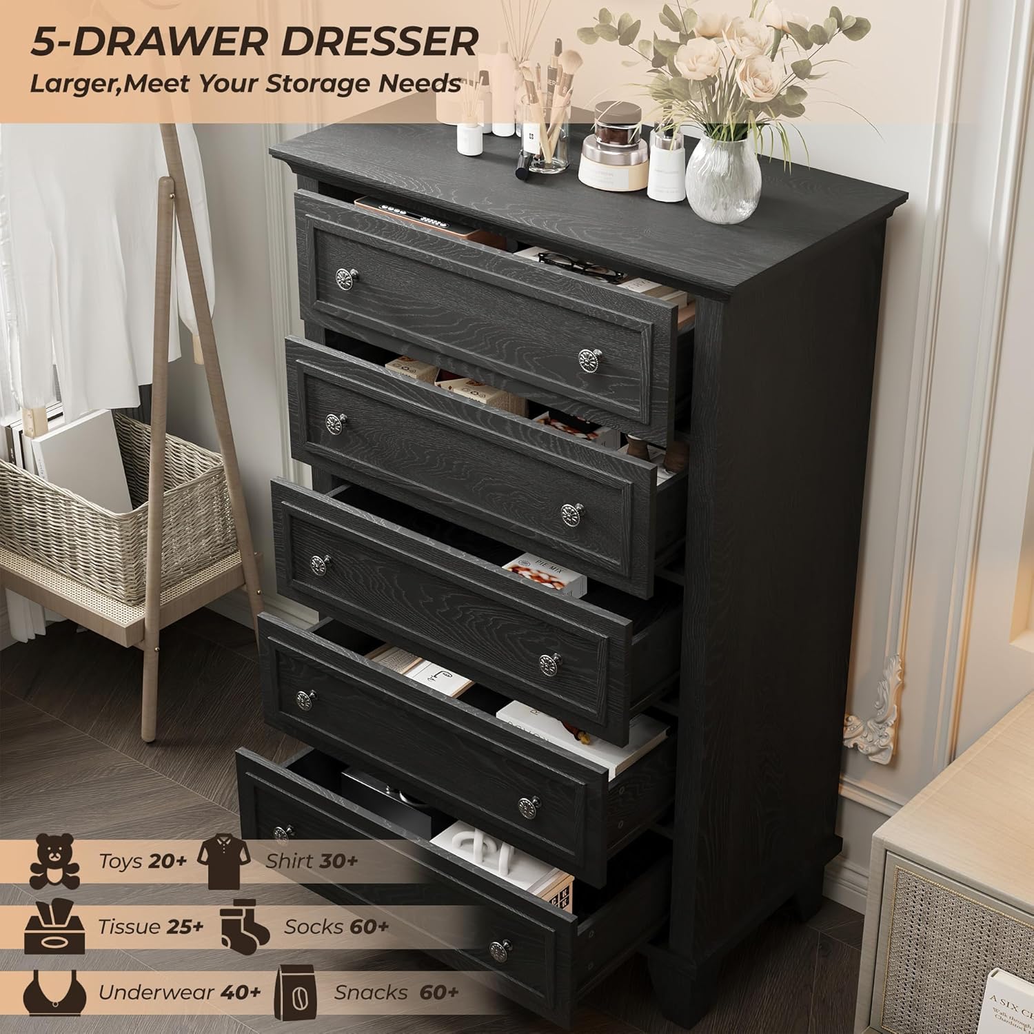 IDEALHOUSE 5 Drawer Dresser, Wooden Storage Chest of Drawers with Exquisite Metal Handles, Tall Storage Cabinet, Modern Design Dresser for Bedroom, Living Room, Hallway, Entryway, Black