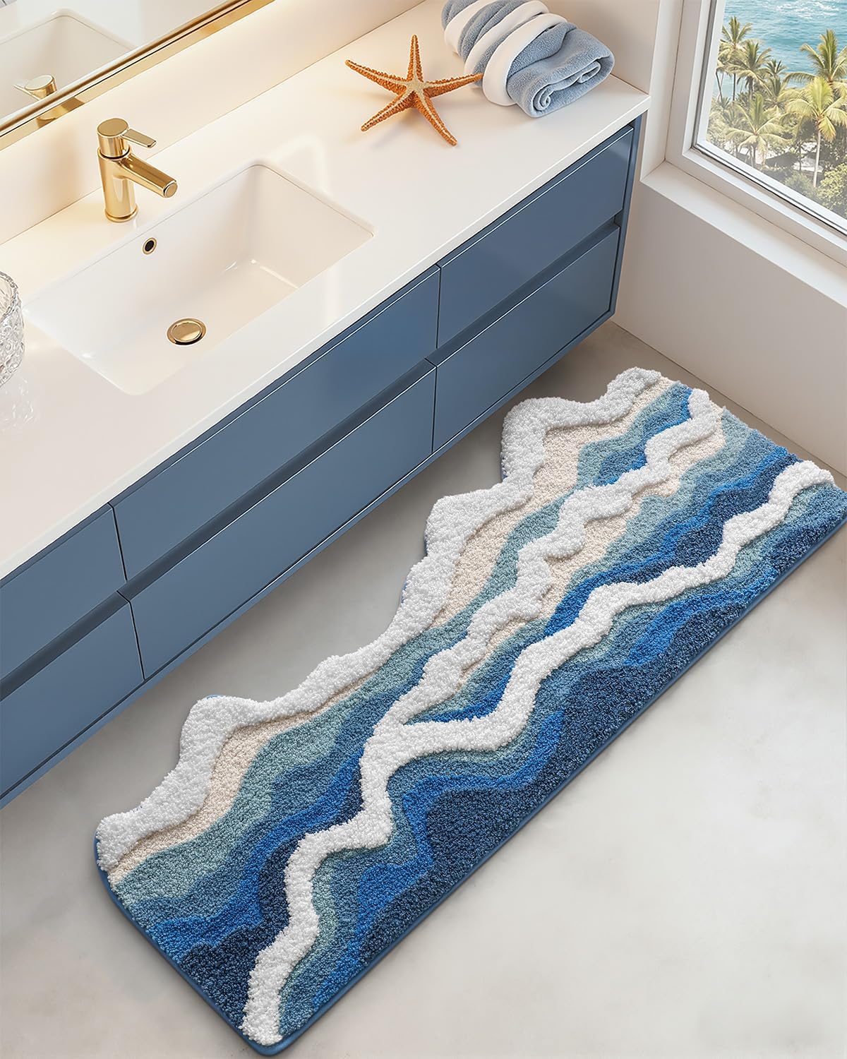 DEXI Cute Bath Mats for Bathroom, 26x43 Washable Absorbent Sea Wave Bathroom Rugs with Rubber Backing, Extra Soft Plush Microfiber Bathmat for Shower Floor, Tub, Sink, Bedroom, Ocean Blue