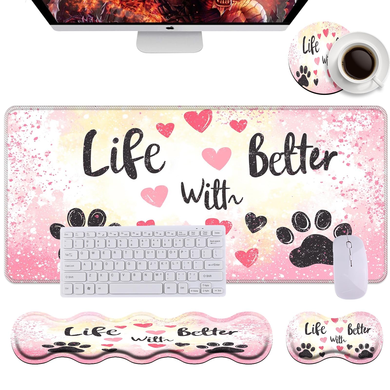 Keyboard Wrist Rest Mouse Wrist Pad Desk Pad Set Memory Foam Ergonomic Easy Typing Pain Relief for Computer