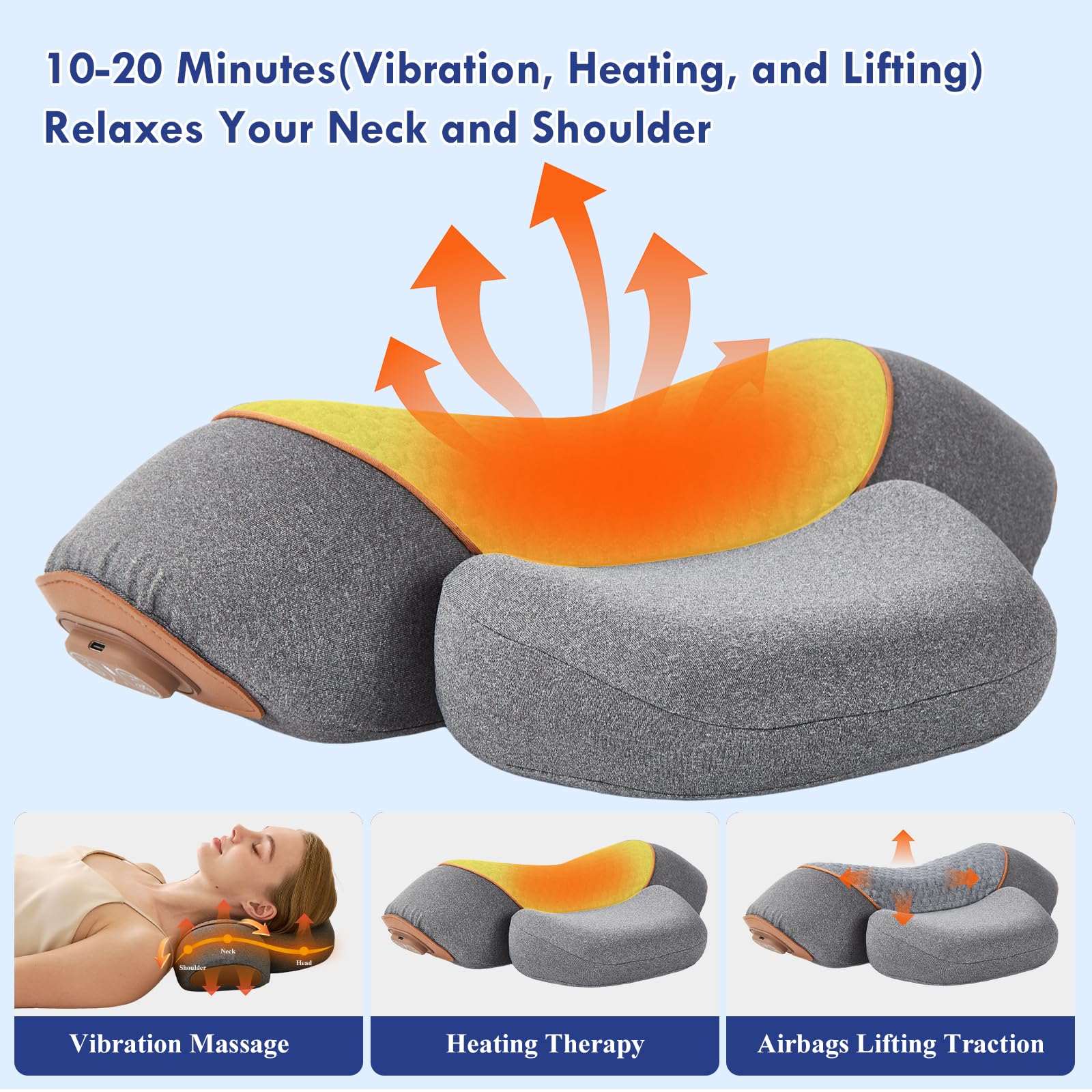 3 in 1 Heated Neck Massage Pillows with Heat for Pain Relief Deep Tissue, Rechargeable Cervical Neck Hump Corrector, Wireless Pillow Supports - 4