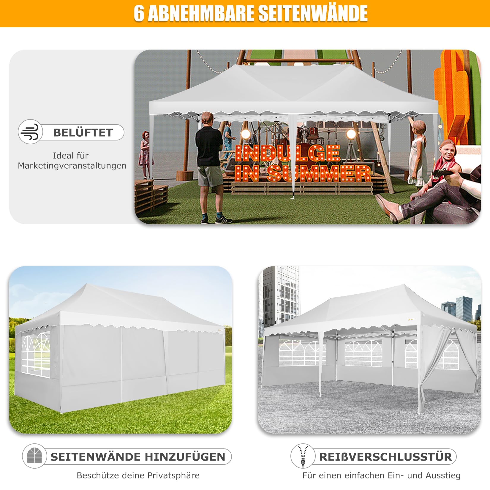 HOTEEL Pavillon 3x6 Faltpavillon 3x6 Wasserdicht Stabil, Partyzelt Faltbar Anti-Uv 50+ Pop Up Gartenpavillon mit 6 Seitenwänden, 4 Sandsäcke, Tasche mit Rollen, für Hochzeiten Partys Markt, Weiß
