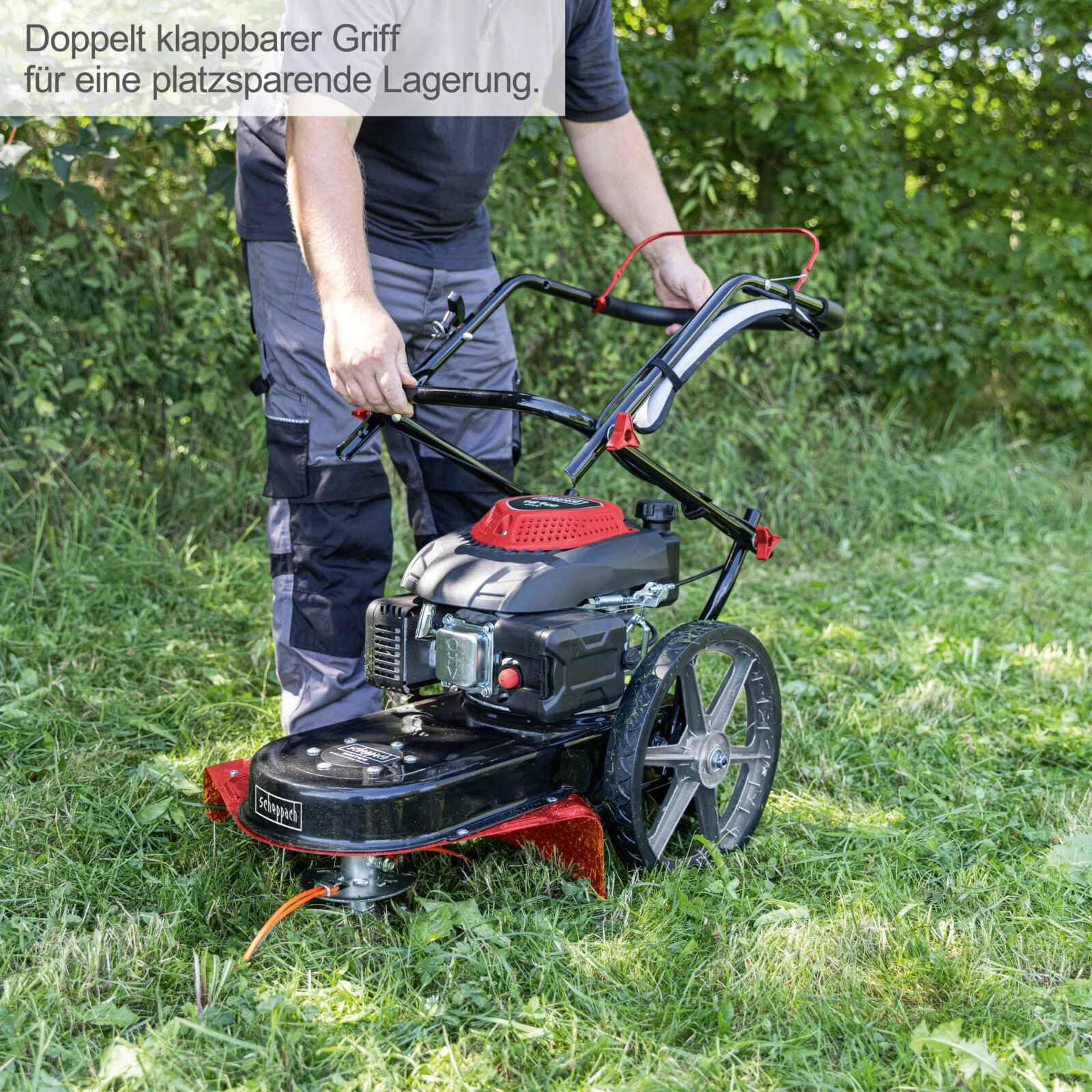 Scheppach HMP161-56 Benzin Wiesenmäher Hochgrasmäher 800 m2/h | 56 cm Schnittbreite | 4,1PS / 3kW | Höhenverstellung 40–95mm | Seilzugstarter | Motorsense Rasentrimmer Rasenmäher inkl. 10x Ersatzfäden